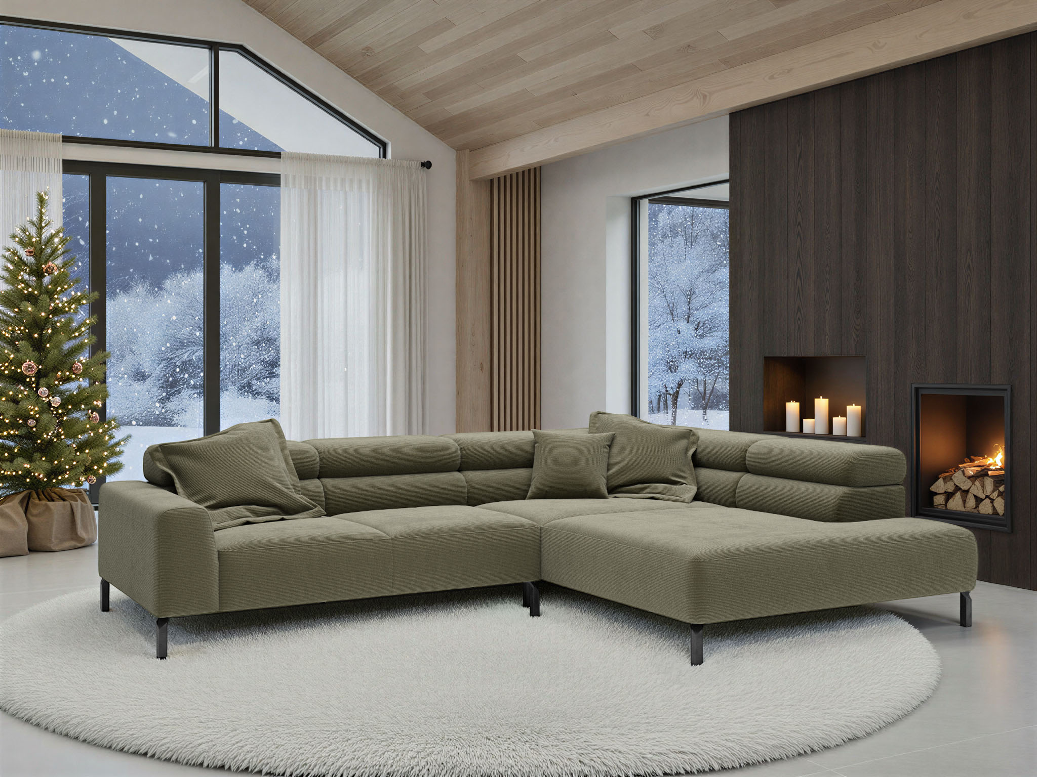 Home affaire Ecksofa "Antonelli, L-Form, incl. Kopfteilverstellung, Breite 312 cm" mit elektrischer Sitztiefenverstellung, in Cord, oliv