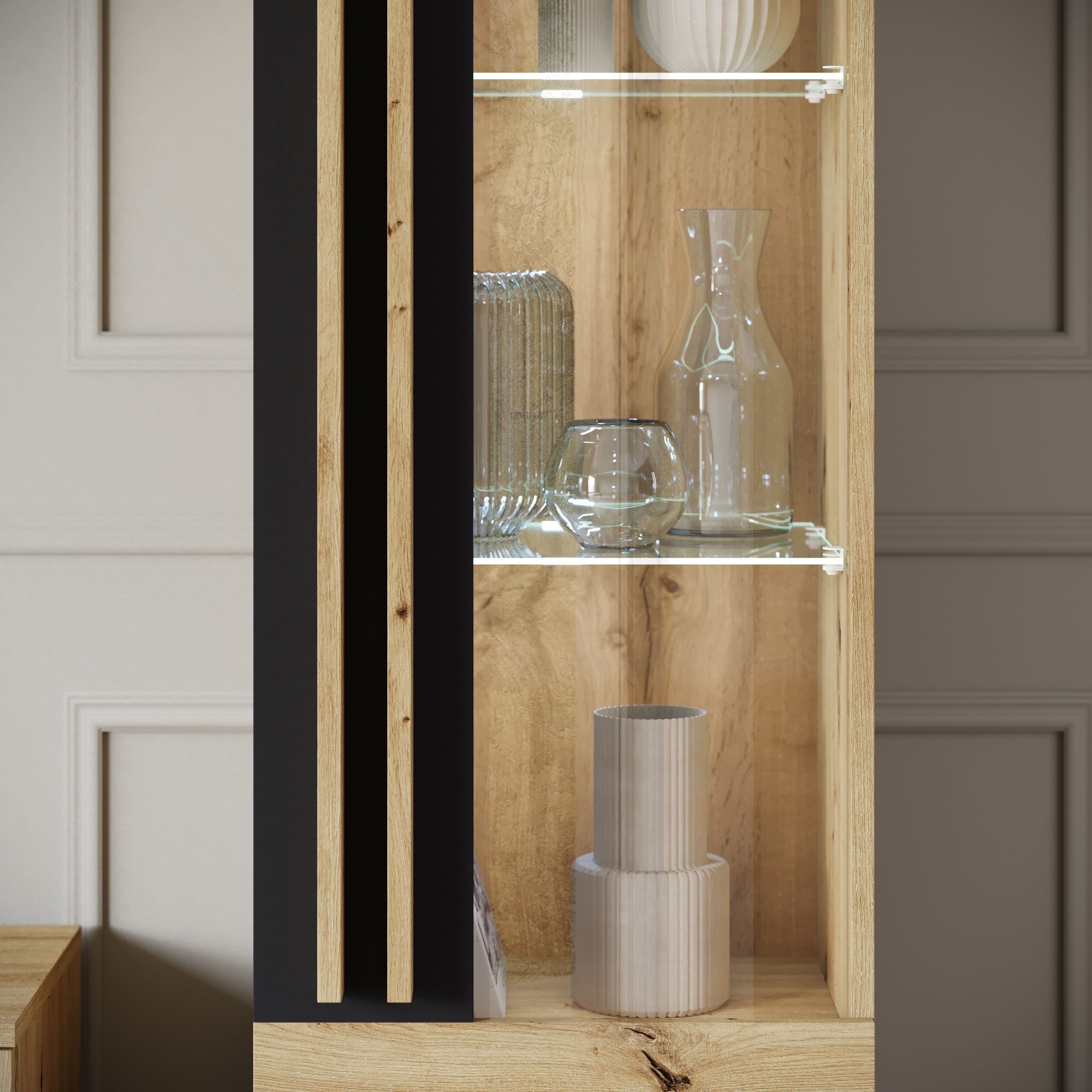 INOSIGN Wohnwand »Helsinki, Modernes Set mit verglaster Vitrine«, (Komplett-Set, 4 St.), mit lamellengriffen, verstellbaren Einlegeböden und Kunststofffüßen