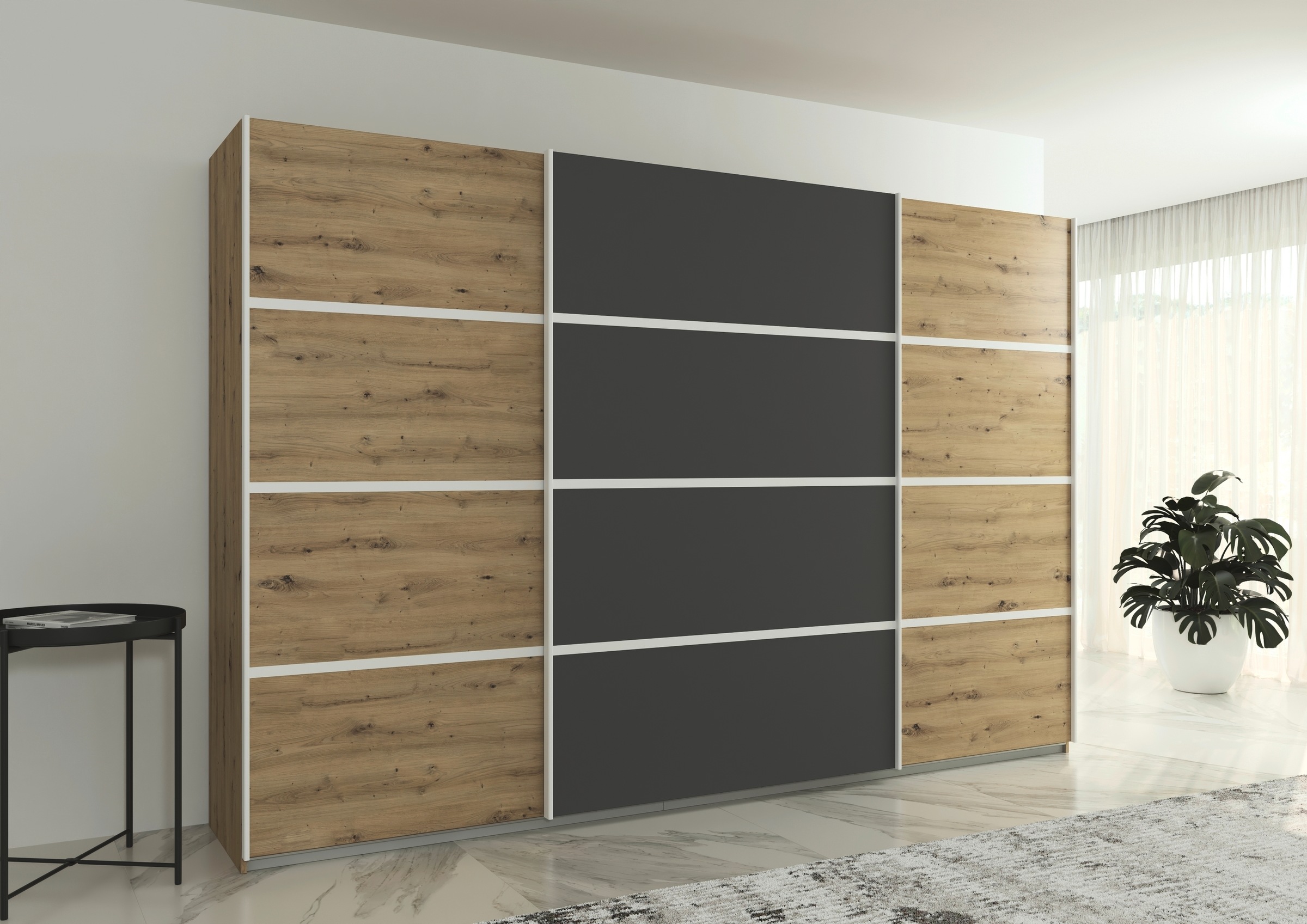 rauch Kleiderschrank »Schwebetürenschrank OTTO´s Choice Garderobe Schrank TOP ANGEBOT Avola«, (in 3 verschiedenen Ausstattungen BASIC/CLASSIC/PREMIUM), mit eleganten Zierleisten in Chrom, Schwarz oder Weiß MADE IN GERMANY