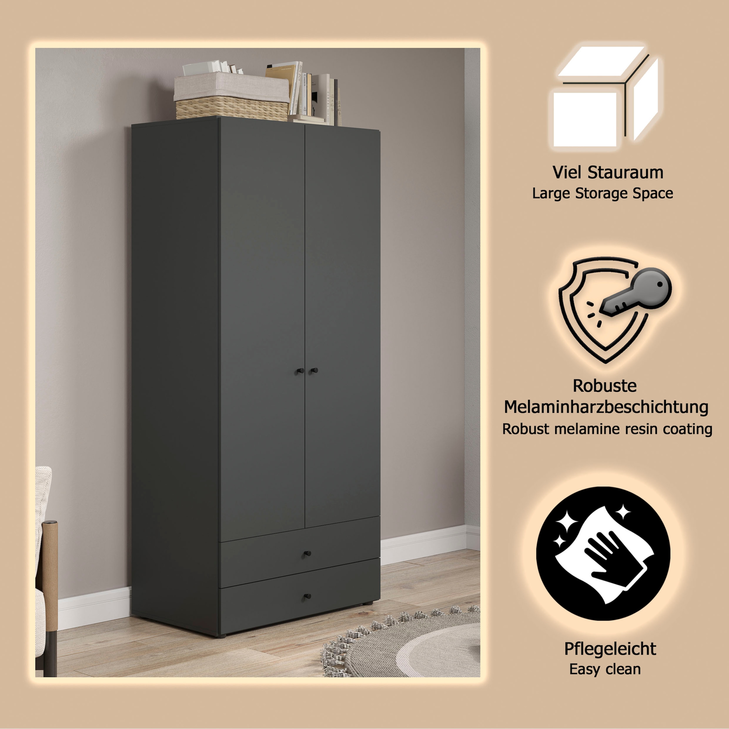 INOSIGN Kleiderschrank »Jersey Schlafzimmerschrank Garderobe Bestseller Schrank«, (1 St., Drehtürenschrank mit modernen Griffen Otto´s Choice), Drehtürenschrank mit 2 Schubladen - (B/T/H) 85/52/188 cm