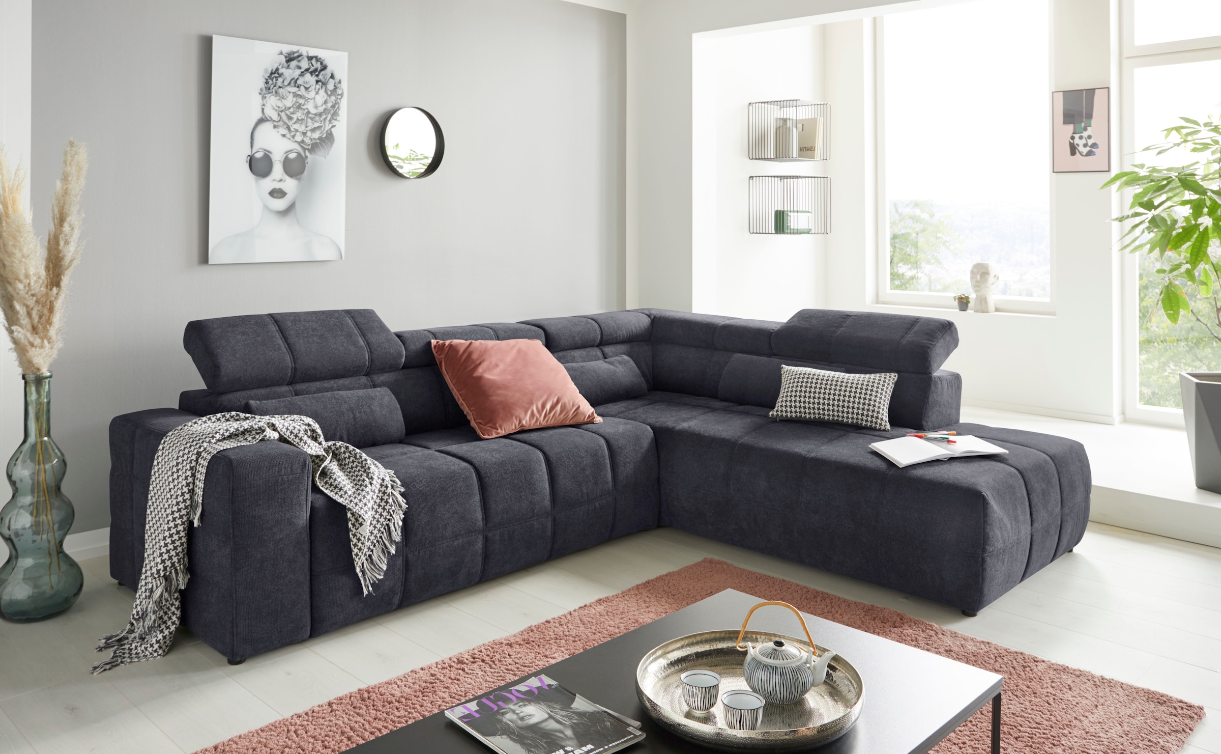 DOMO collection Ecksofa "BRANDON bequem, Breite 275cm, L-Form, auch in Leder" inklusive Kopfteilverstellung, wahlweise mit Sitztiefenverstellung