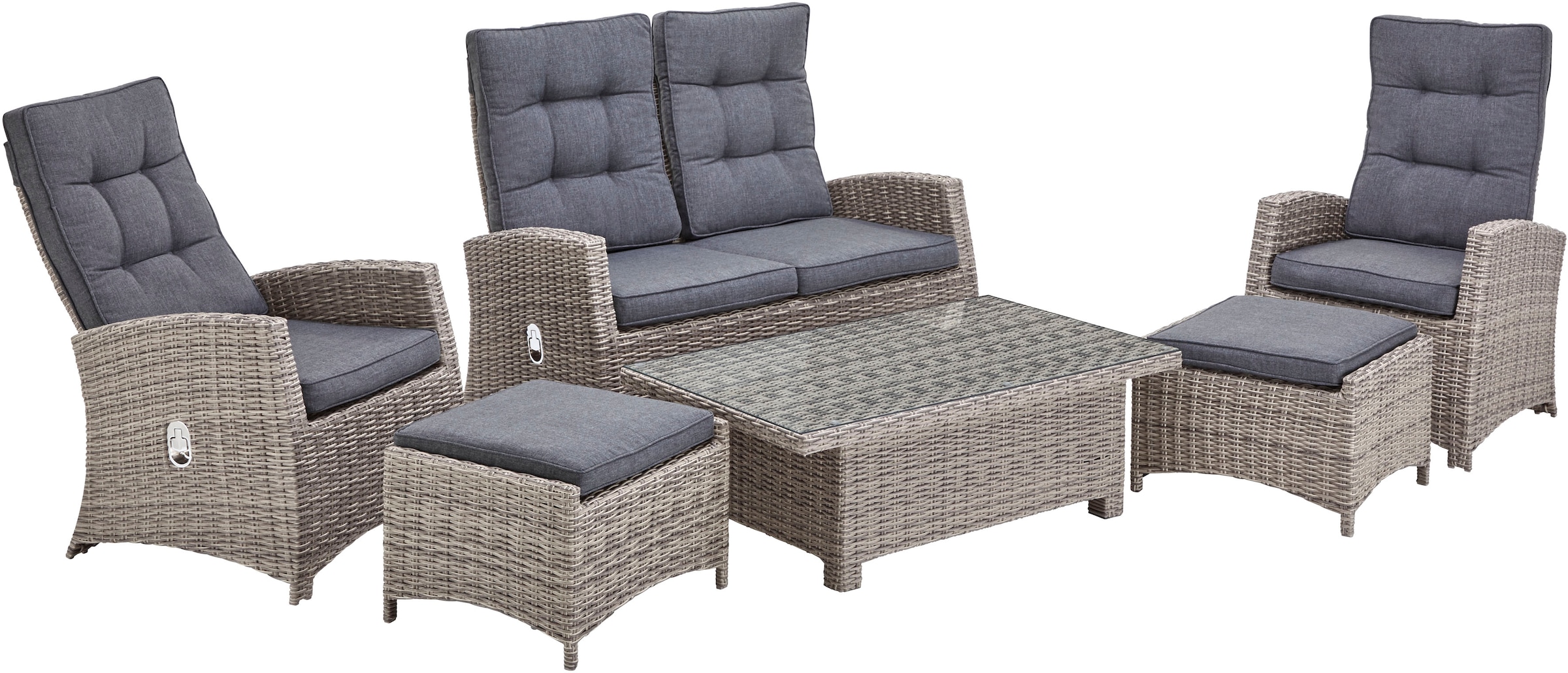 KONIFERA Gartenlounge-Set »Monaco«, (Set, 16 tlg., inkl. Auflagen, Alu, Polyrattan), höhenverstellbarer Tisch 43,5 - 66,5 cm