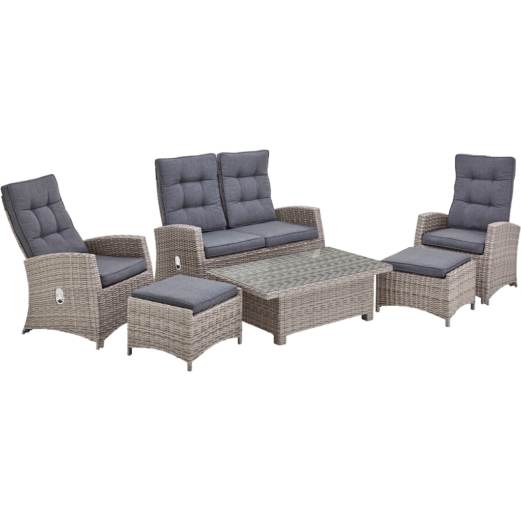 KONIFERA Gartenlounge-Set »Monaco«, (Set, 16 tlg., inkl. Auflagen, Alu, Polyrattan), höhenverstellbarer Tisch 43,5 - 66,5 cm