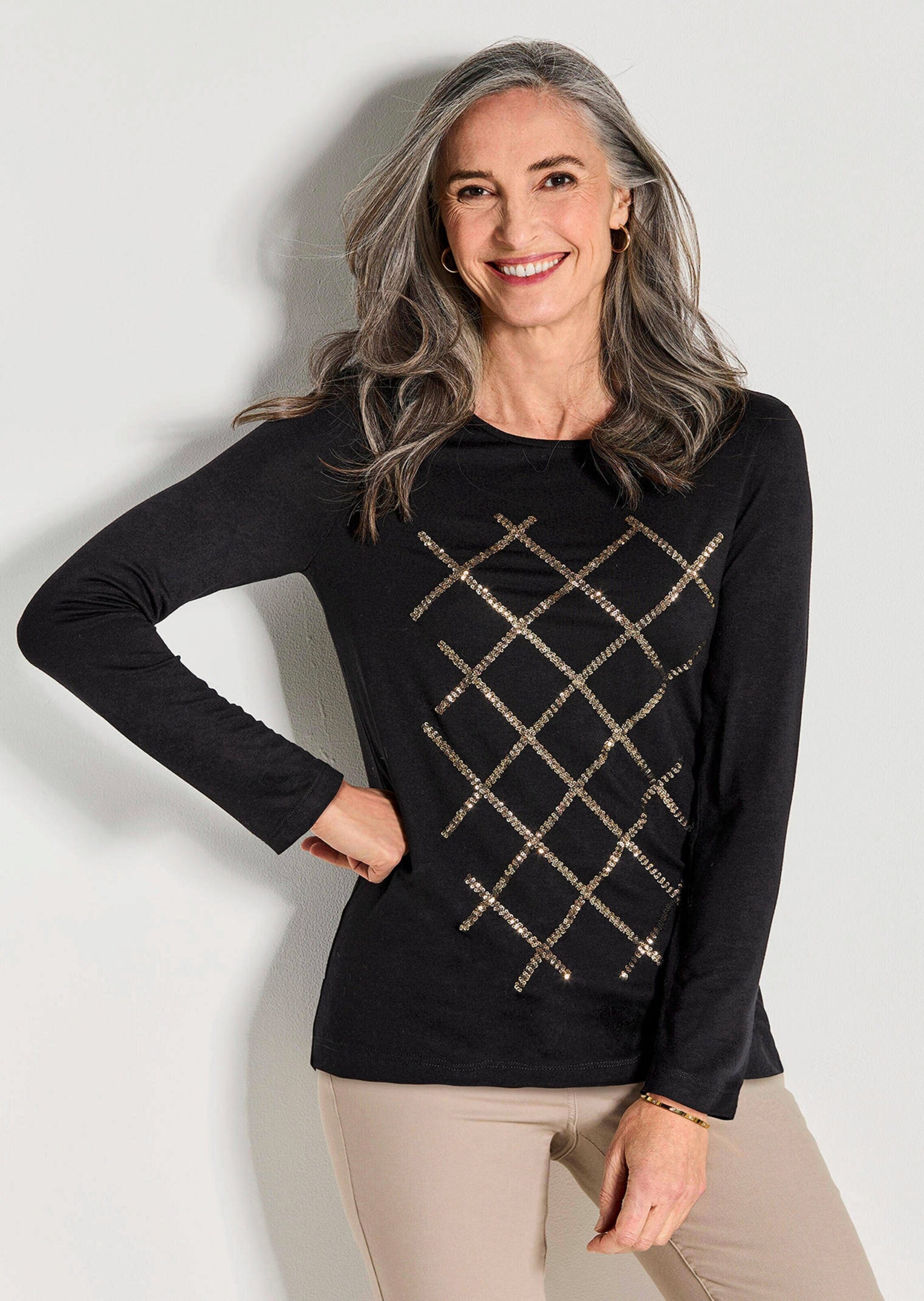 GOLDNER Langarmshirt »Kurzgröße Jersey-Shirt mit Pailletten«