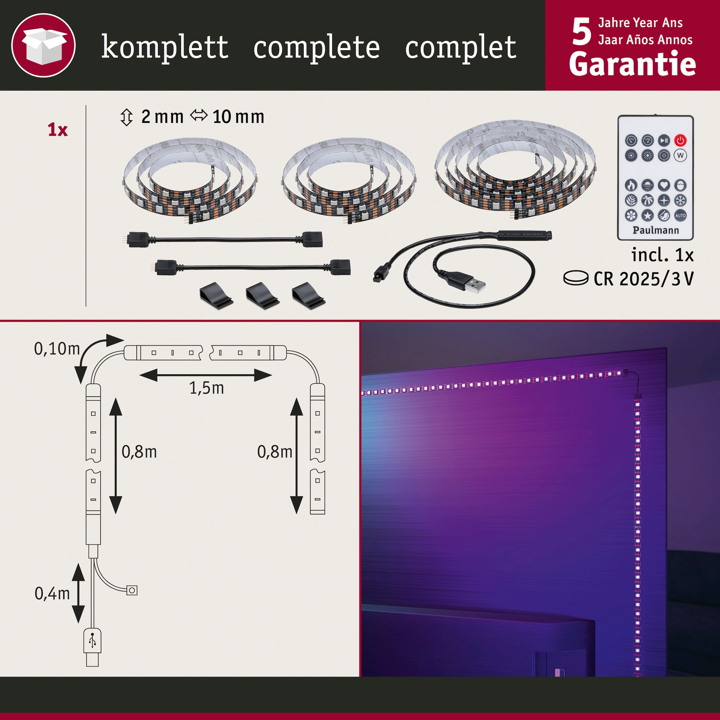 Paulmann LED-Streifen »USB LED Strip TV-Beleuchtung 75 Zoll 3,1m Dynamic Rainbow RGB 5W«, 1 St.-flammig