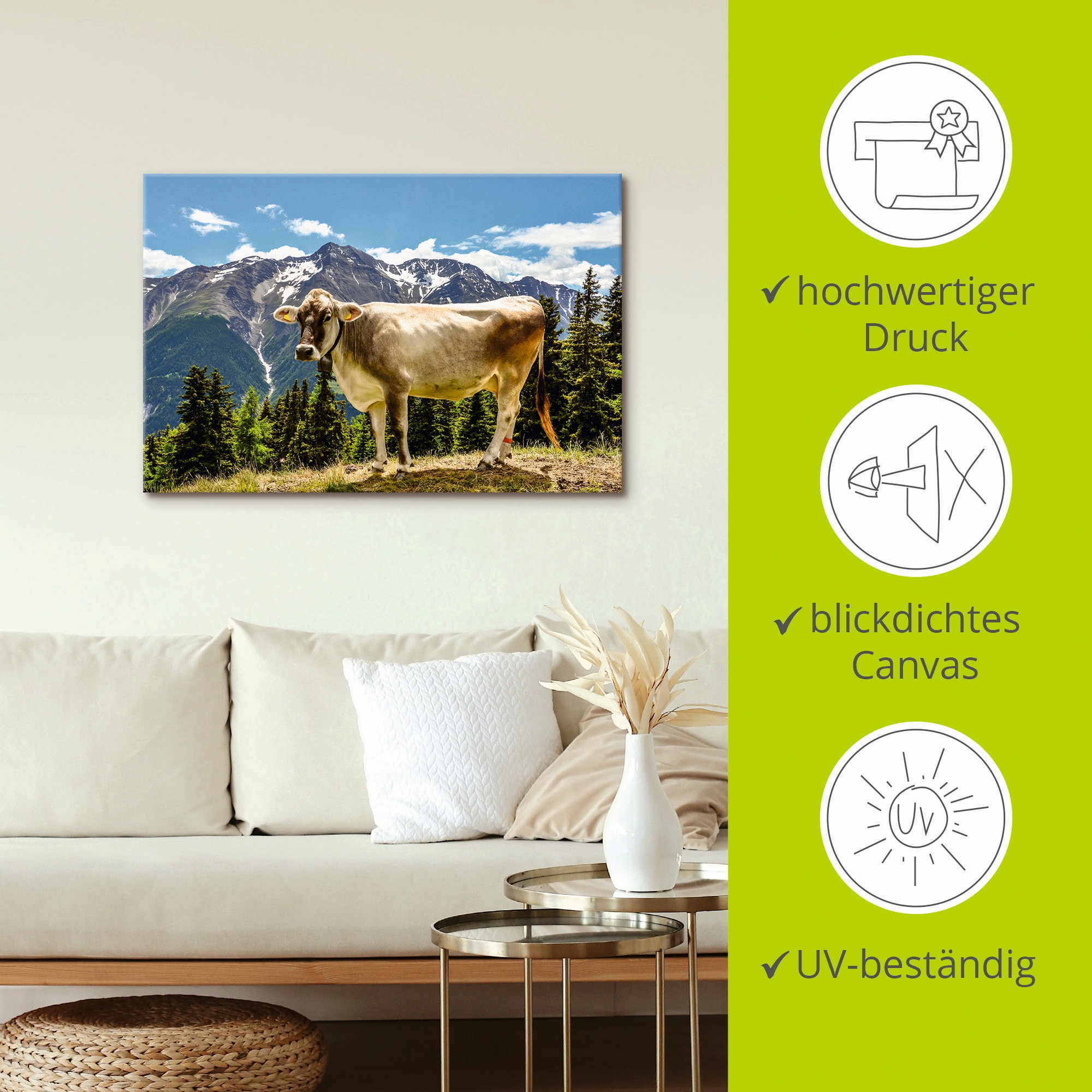 Artland Wandbild »Bergkuh in den Alpen im Sommer«, Haustiere, (1 St.), als Leinwandbild, Poster, Wandaufkleber in verschied. Größen