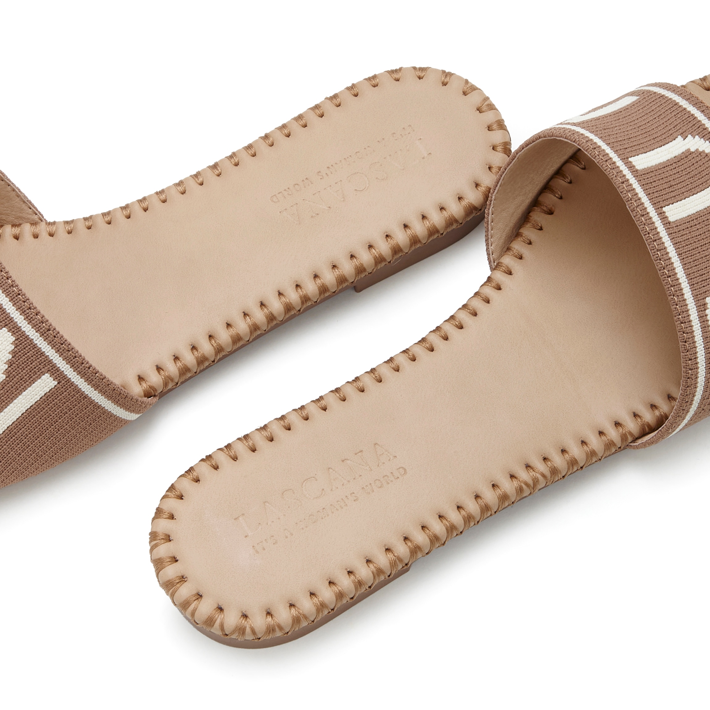 LASCANA Pantolette, Mule, Sandale, offener Schuh aus Textil mit modischem Schriftzug VEGAN