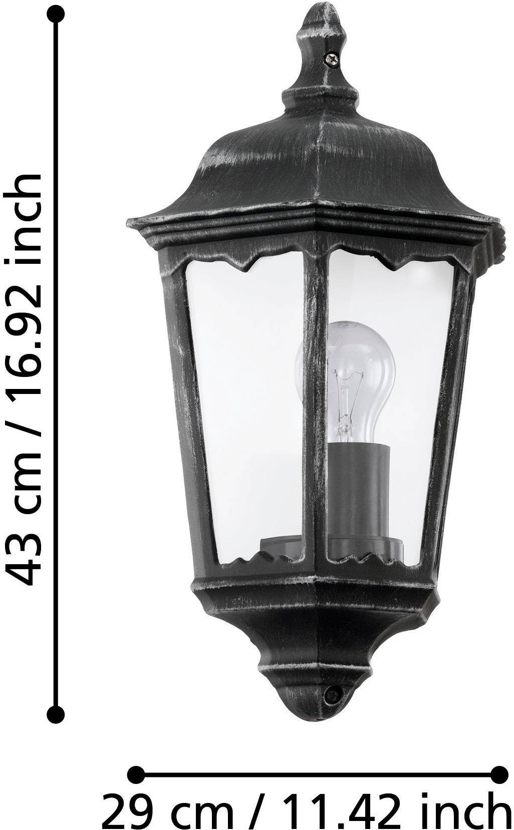 EGLO Wandleuchte »Navedo Außen-Wandlampe, Wandlampe aus Aluguss und Glas, E27, IP44« E27 1 Stk. Wand-/Deckenleuchte - L29 x H43 x AL13 cm - schwarz, silber-patina