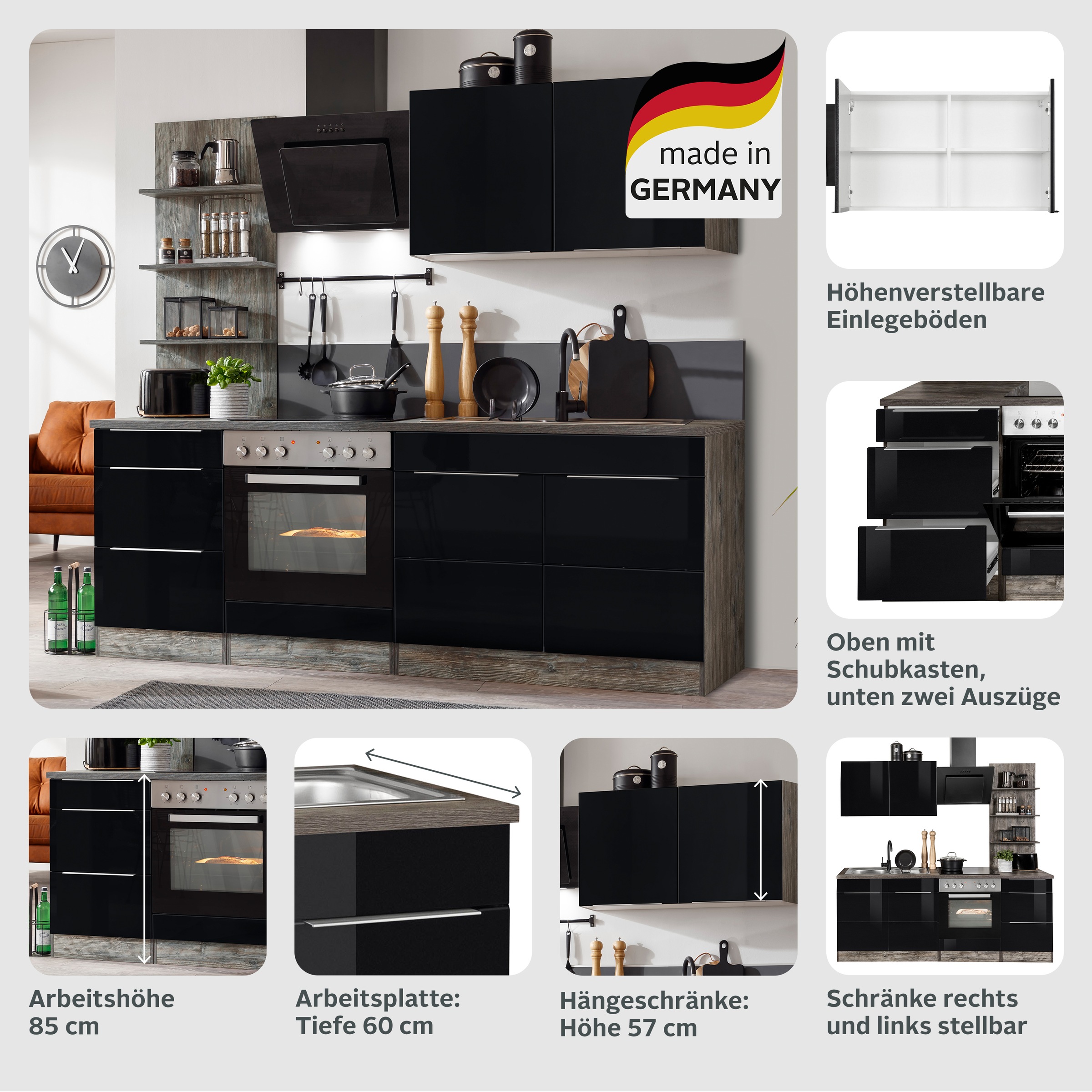 KOCHSTATION Küchenzeile »KS-Brindisi«, Breite 210 cm, wahlweise mit E-Geräten, mit MDF-Fronten und Regal