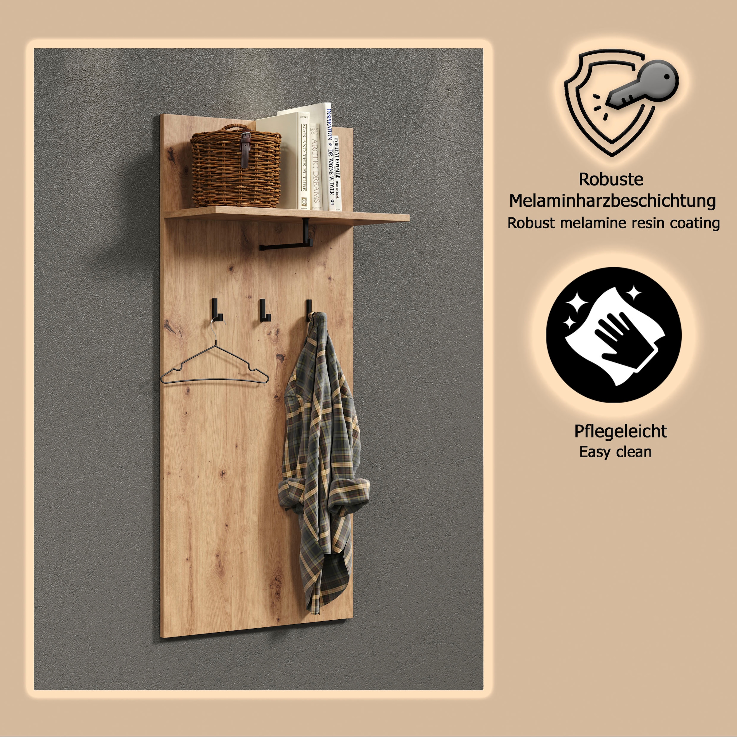 Places of Style Garderobenpaneel »Tarragona«, (1 St.), Wandpaneel mit Ablage & Kleiderstange - (B/T/H) 63/30/139 cm