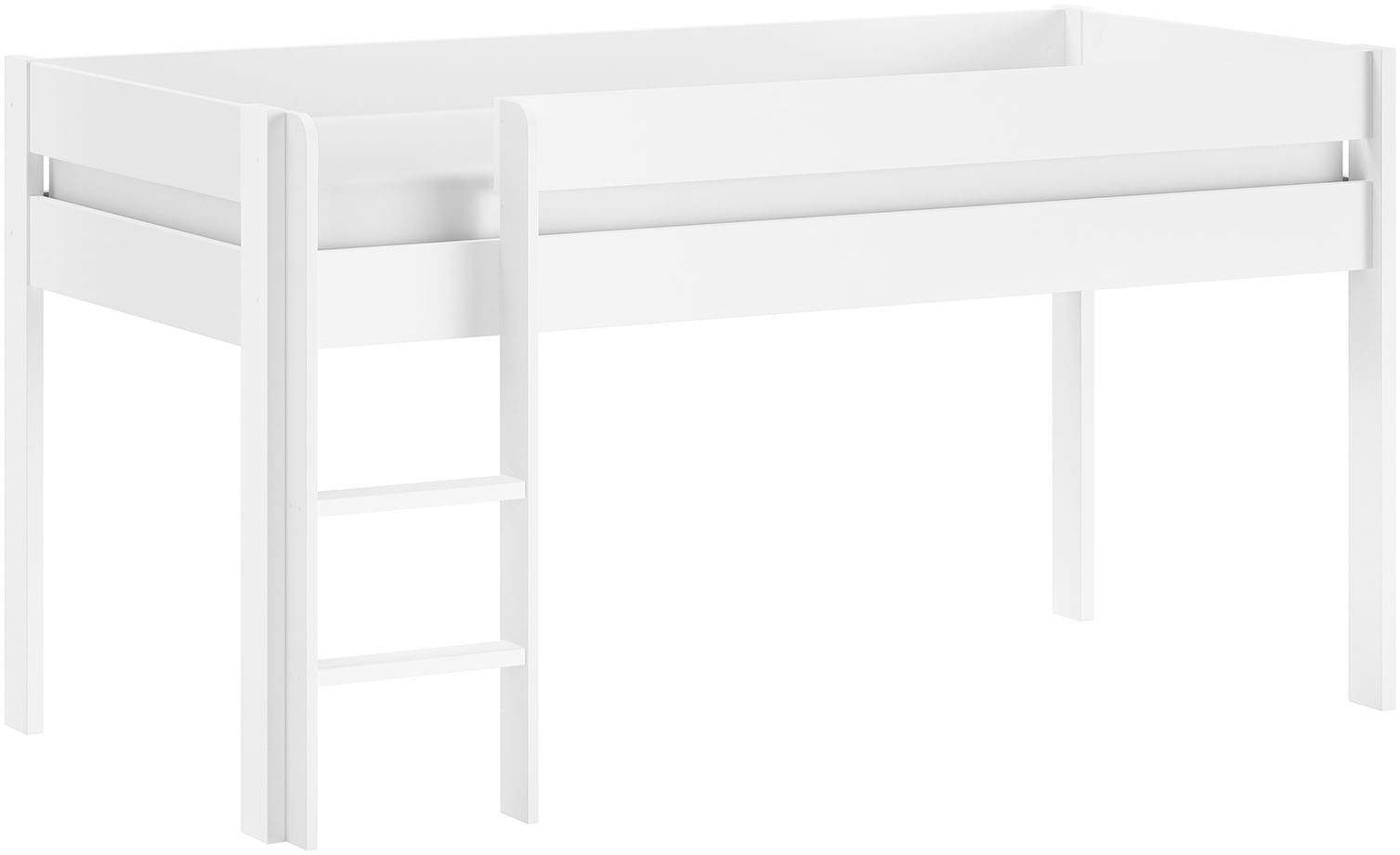 Vipack Spielbett "Primo, mit umlaufenden Absturzschutz, Leiter recht/links montierbar" Kiefer massiv weiß lackiert, 90x200 cm inkl. Rolllattenrost
