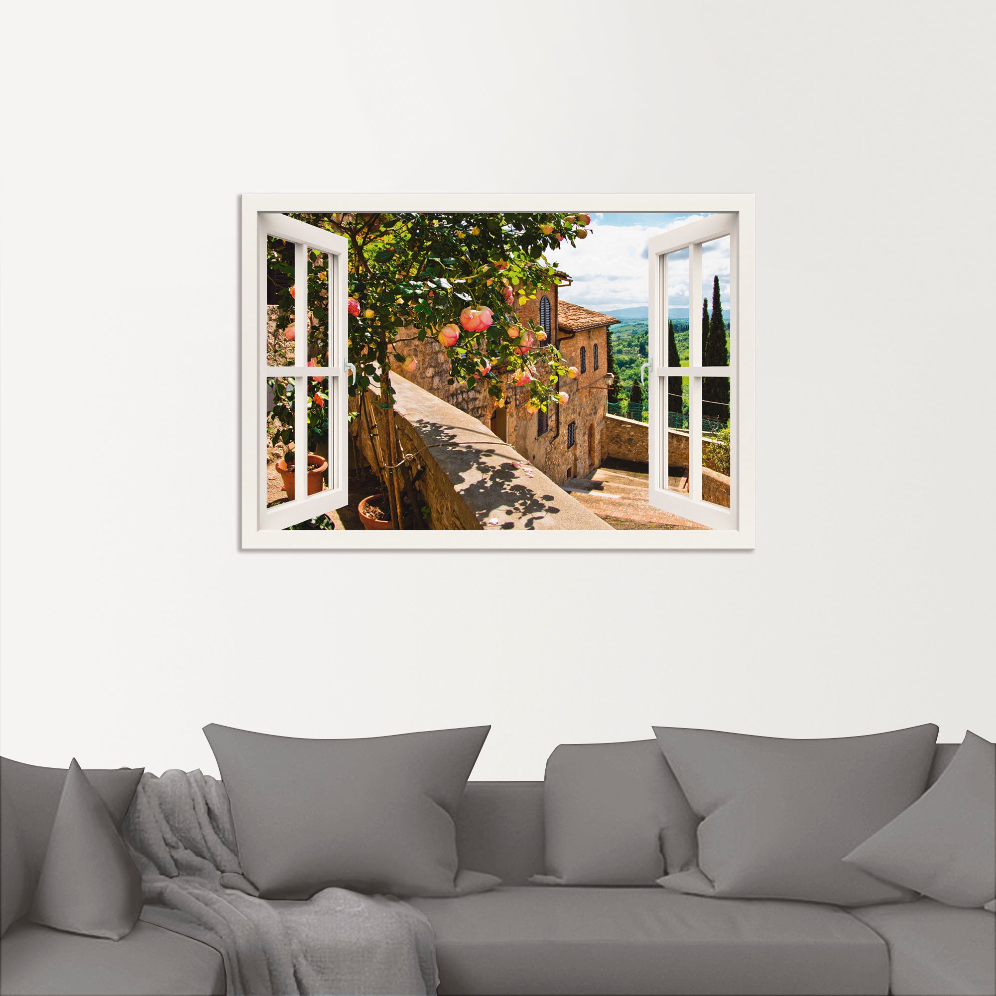 Artland Wandbild "Fensterblick Rosen auf Balkon Toskana" Garten 1 Stk. tlg. günstig online kaufen