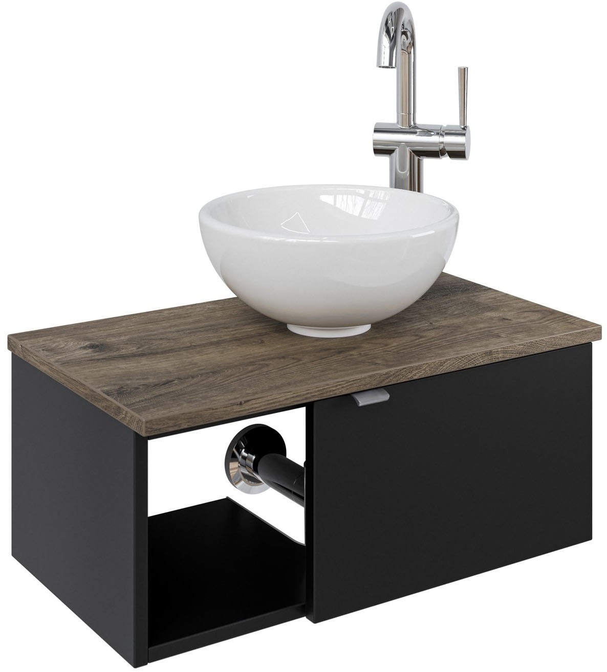 Saphir Waschtisch "Serie 6915 Waschschale mit Unterschrank für Gästebad, Gäste WC" Keramik-Aufsatzbecken, Waschtischplatte, Waschtischunterschrank, 3 Stk. tlg. 61 cm mit Keramik-Aufsatzbecken, 1 Tür und 1 Fach