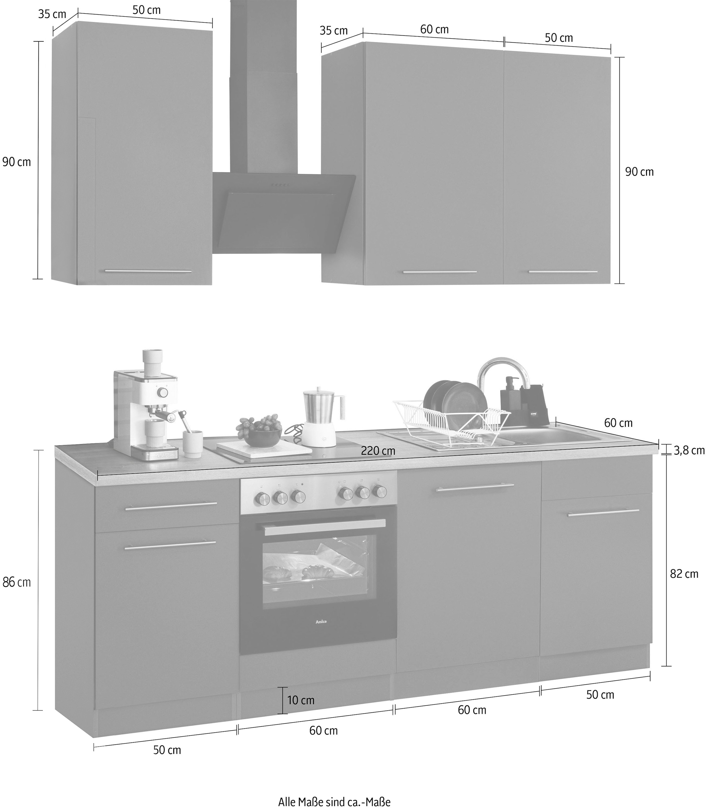 wiho Küchen Küchenzeile »Unna«, mit E-Geräten, Breite 220 cm