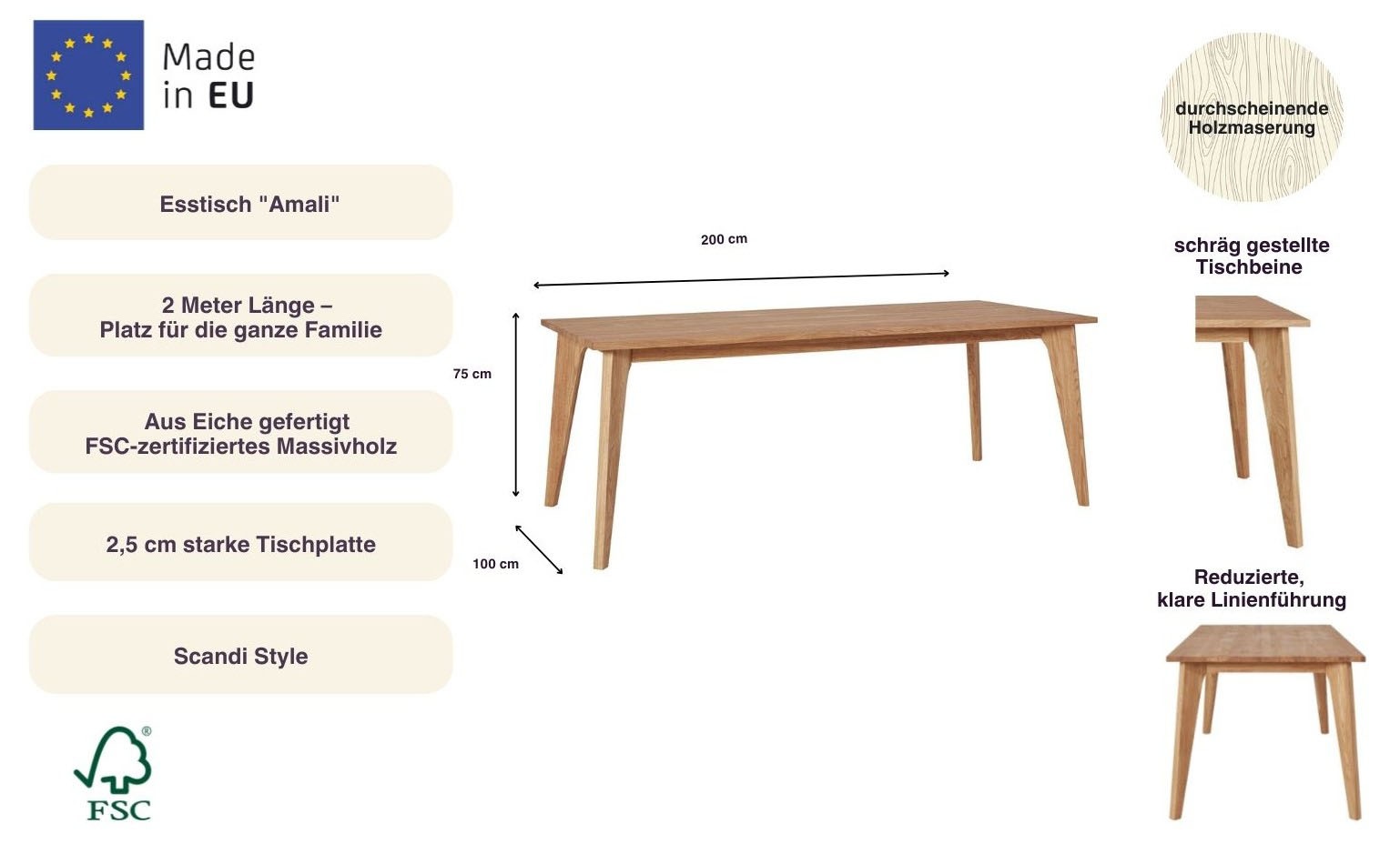 Thumbnail - andas Esstisch "Amali" Aus massiver Eiche, in 3 Breiten