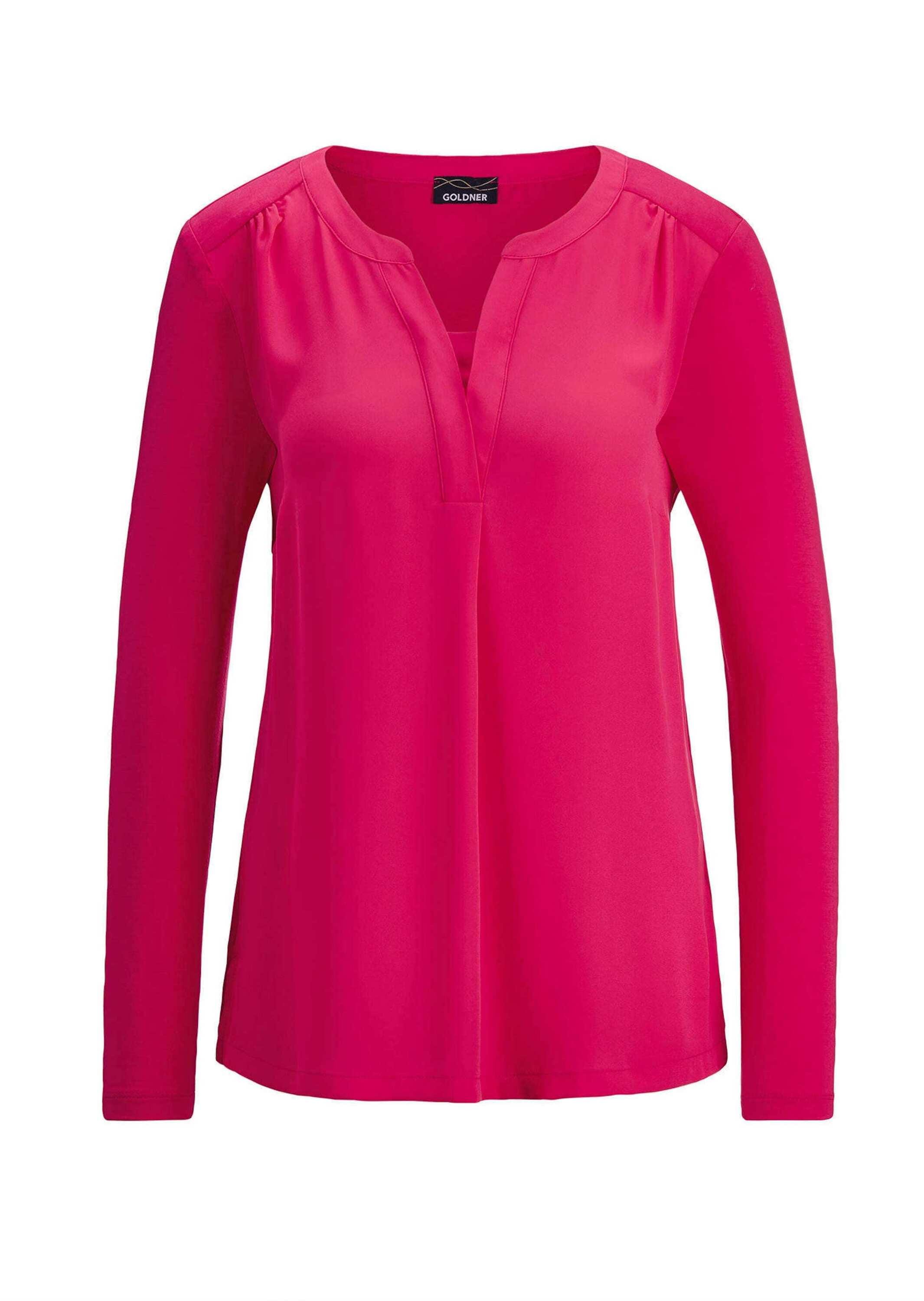 GOLDNER Kurzarmbluse "Kurzgröße Elegantes Chiffonshirt mit Jersey-Details" Schlitz