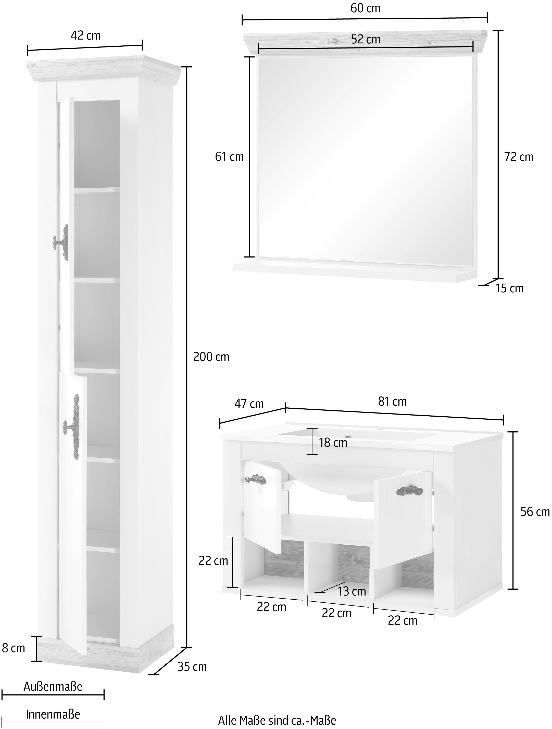 Home affaire Badmöbel-Set »Florenz, Bad im Landhausstil, 3-teiliges Badezimmer«, (3 St.), Hänge-Waschtisch, Schrank und Spiegel, in Pinie Weiß, Stauraum