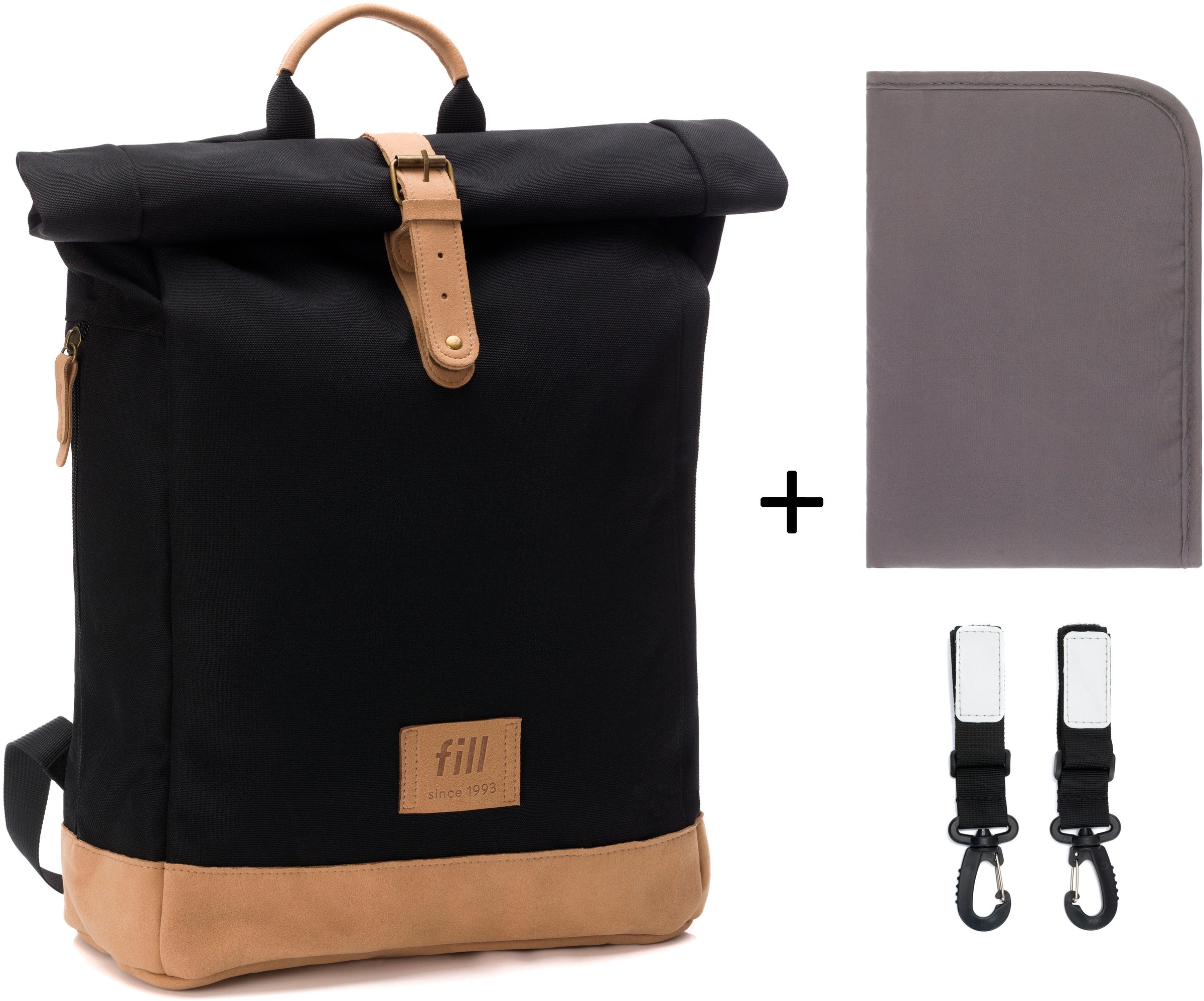 Fillikid Wickelrucksack »Rolltop Berlin schwarz« Reflektoren inkl. Wickeltunterlage