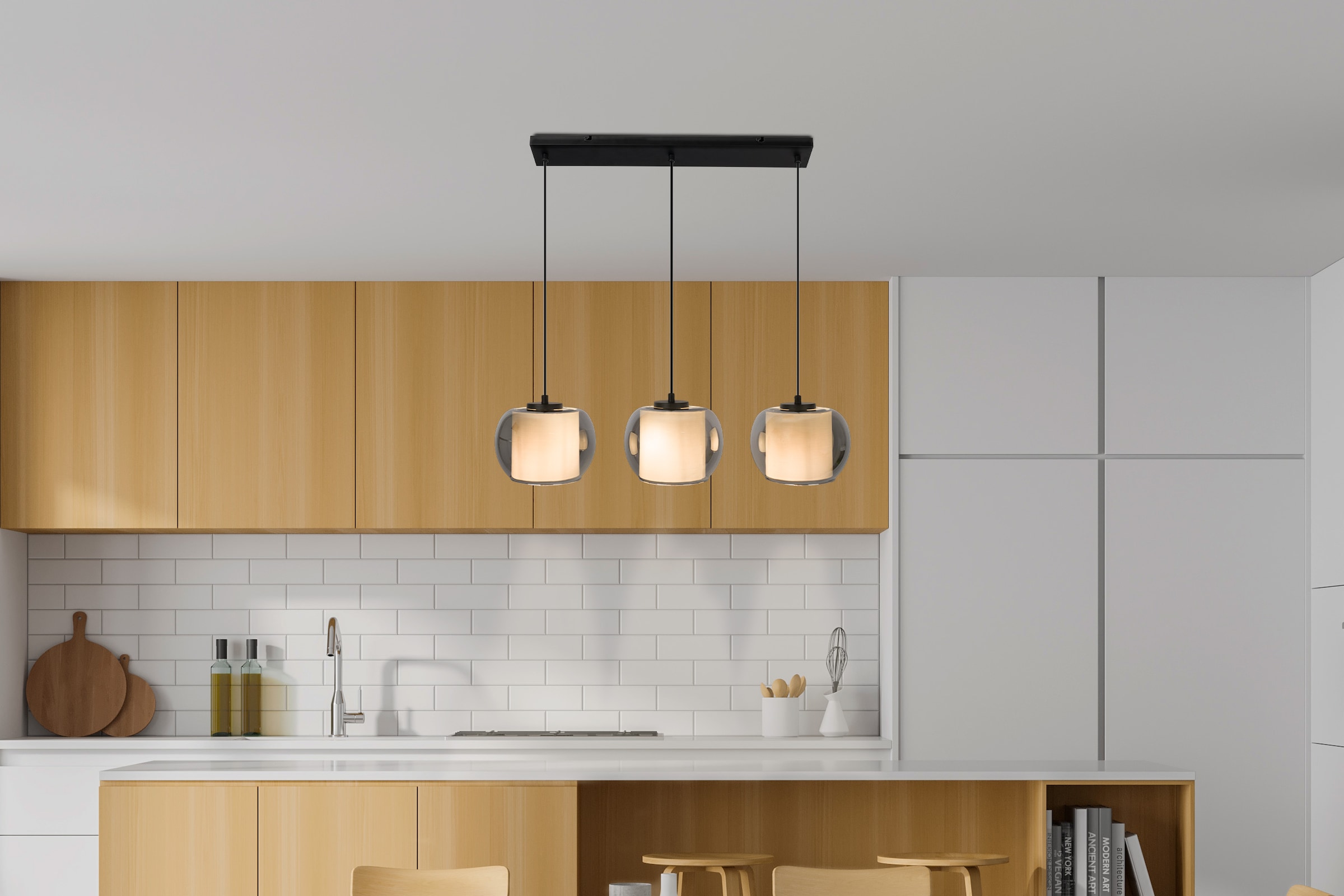 OTTO home Pendelleuchte »Tanissa mit Doppelschirm« E27 1 Stk. Pendellampe, Rauchglas, innen Stoffschirm, E27, Glasschirm, Glaskugel