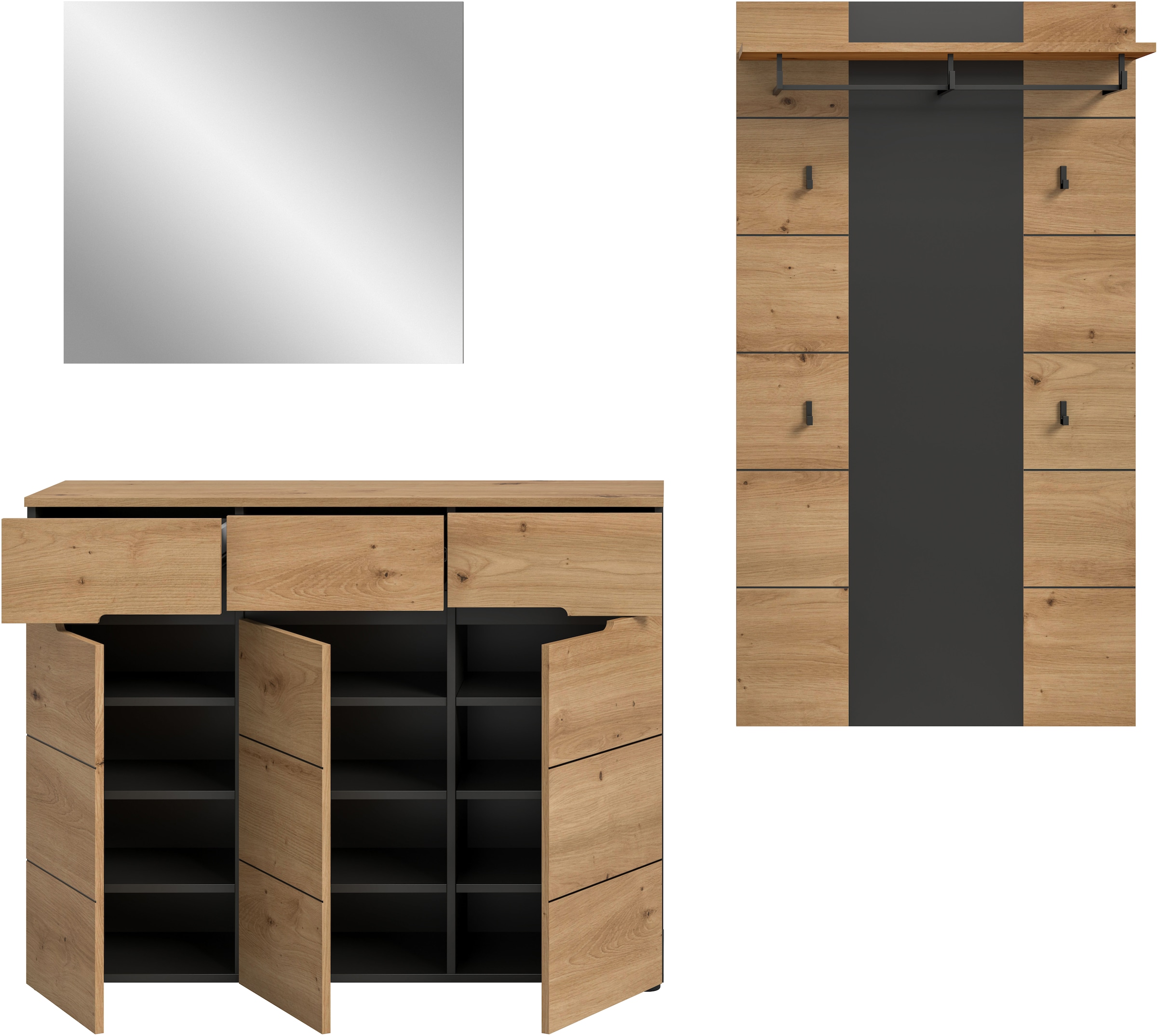 INOSIGN Garderoben-Set, (Set, 3 St., bestehend aus: Kommode, Spiegel und Garderobenpaneel), Garderobenkombination, Kombination, Set, Flurgarderobe, Diele