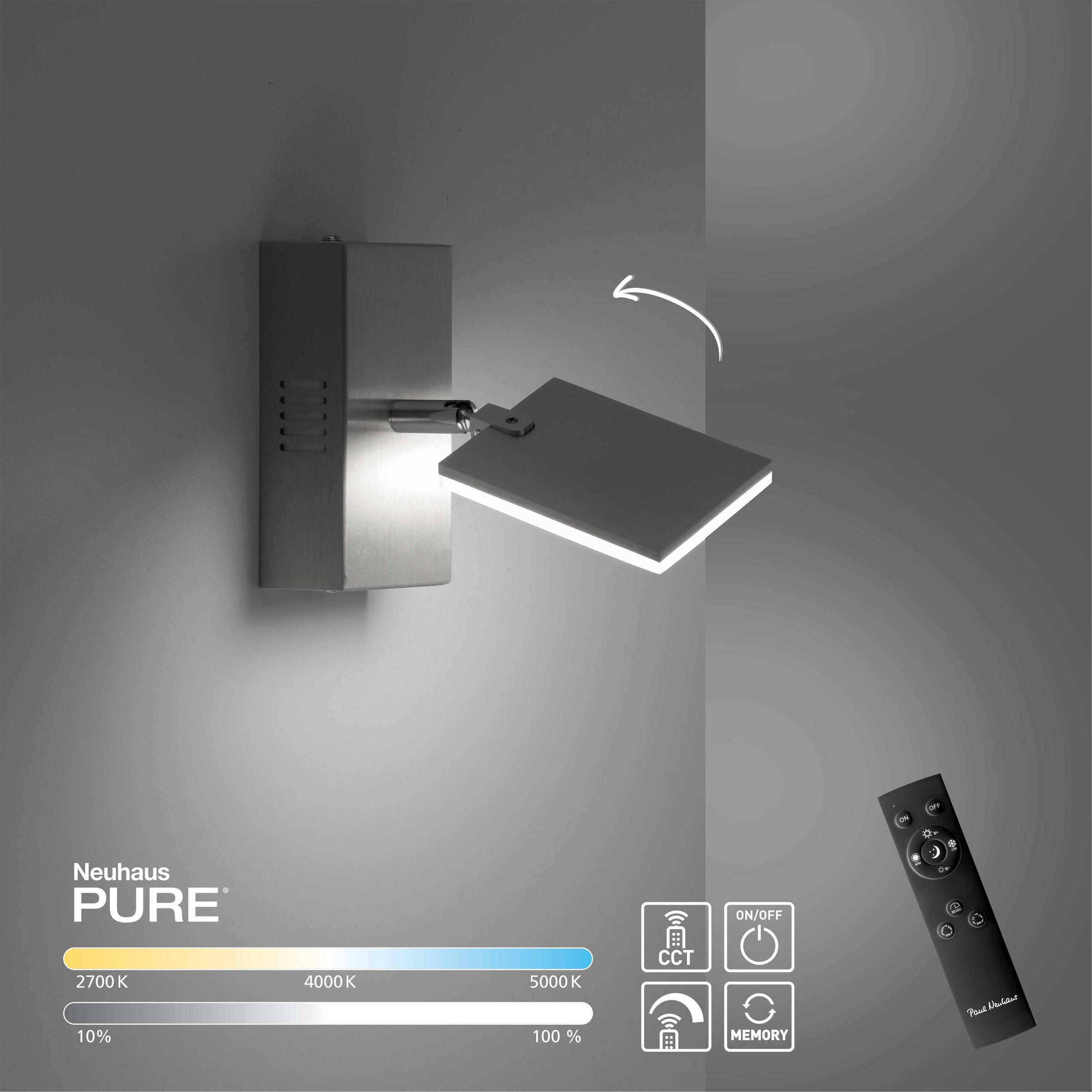 Neuhaus PURE LED Wandleuchte »PURE Mira« LED-Board 1 Stk. warmweiß - kaltweiß Dimmbar, CCT, Wippschalter, Fernbedienung, beweglich