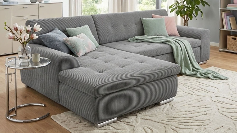 DOMO collection Ecksofa "TREVISO viele Bezüge, auch in Cord, L-Form, 267x178 cm" wahlw. mit Bettfunktion, inkl. Zierkissen, Unser Dauertiefpreis