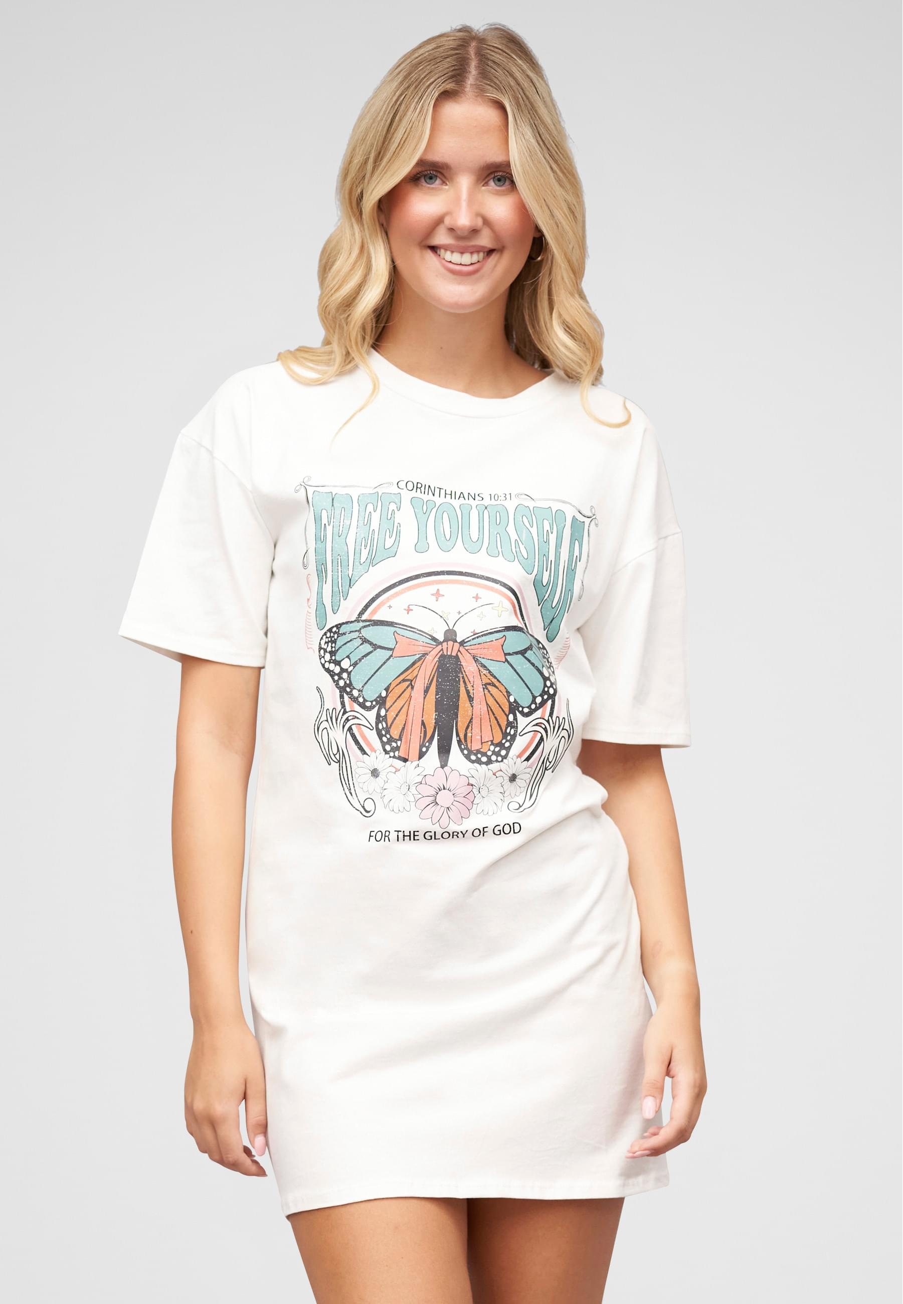 CLOUD 5IVE T-Shirt »CLOUD 5IVE T-Shirt-Kleid mit Free Yourself Butterfly Print« 1 Stk.
