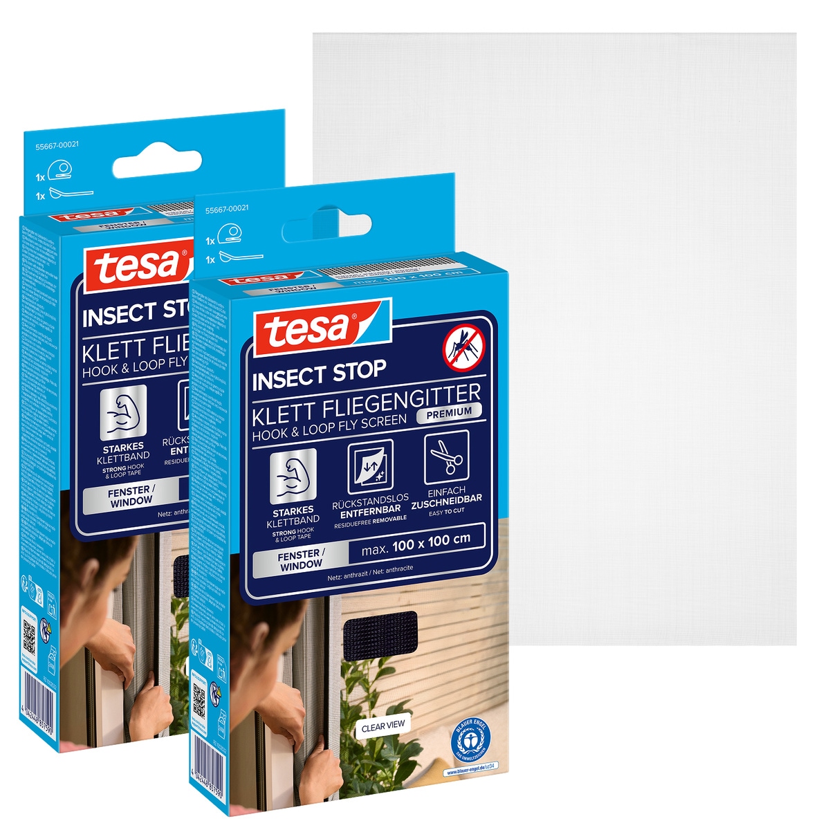 tesa "Klett Fliegengitter Premium für Fenster, Insektenschutz mit Klettband" Packung, Fliegennetz, Klettband, Andrück und Schneidehilfe, 2 Stk. tlg. selbstklebende Insektenschutz 100 x 100cm