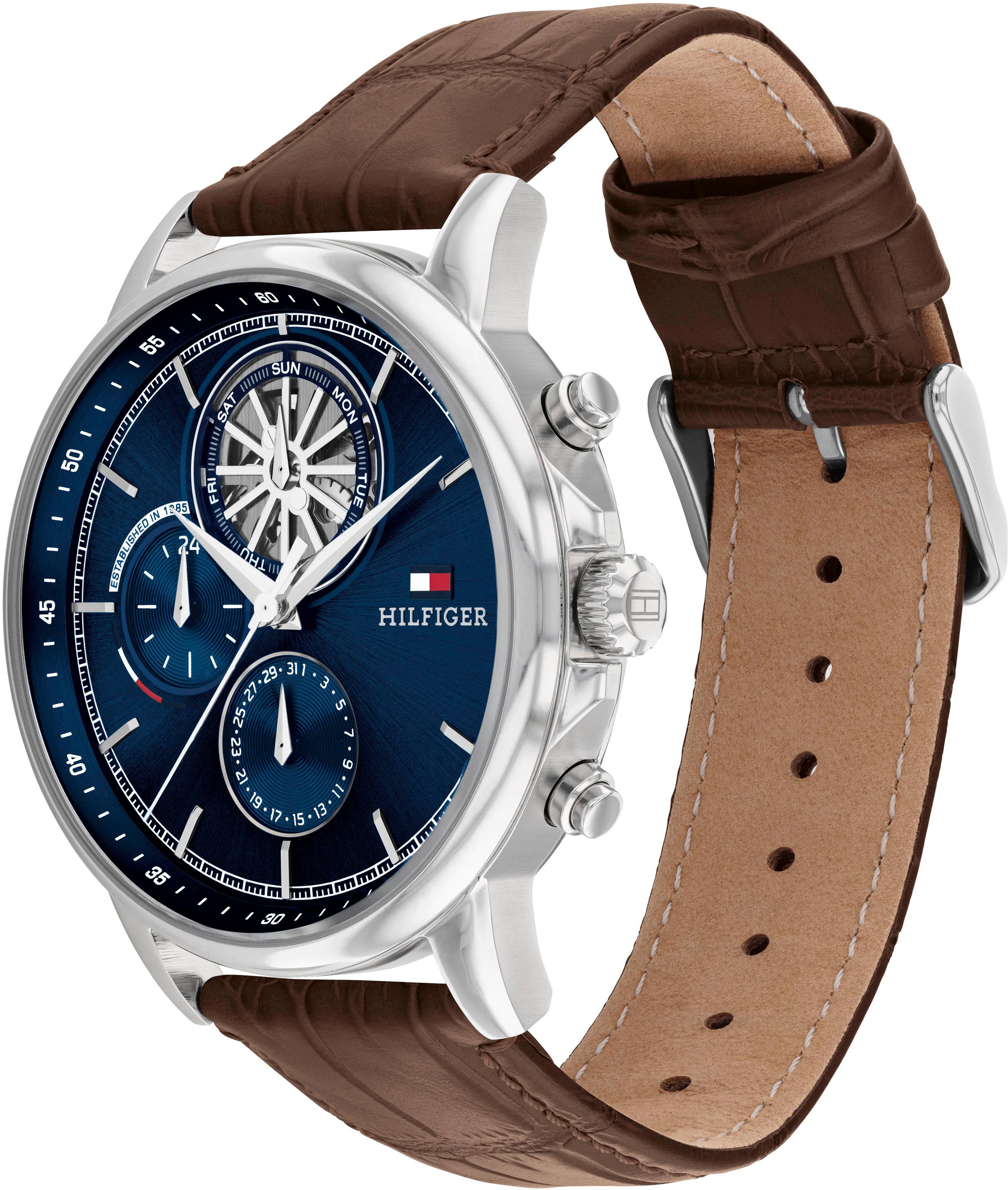 Tommy Hilfiger Multifunktionsuhr »STEWART«, Quarzuhr, Armbanduhr, Herrenuhr, Datum, Lederarmband