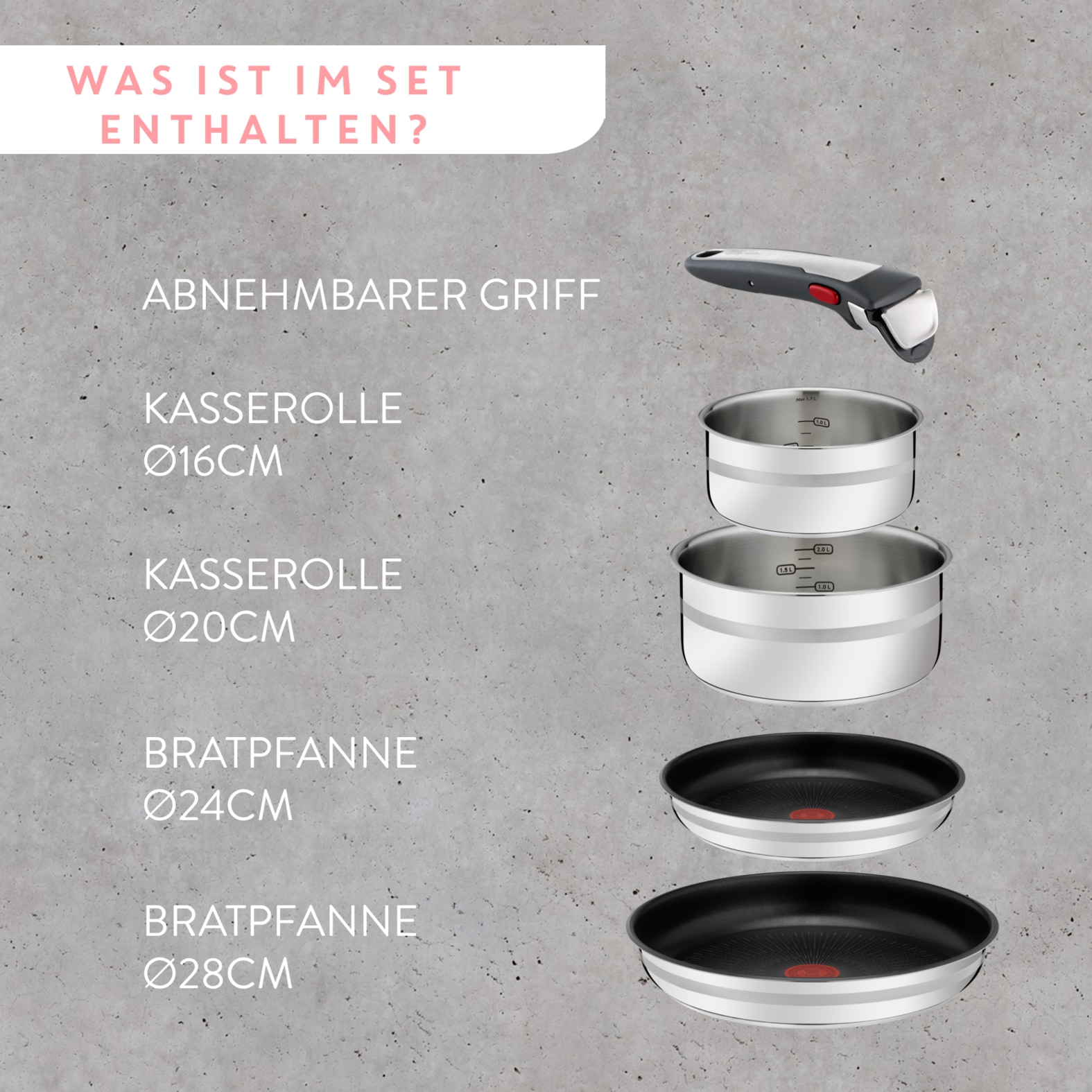 Tefal Pfannen-Set »Jamie Oliver Ingenio G6, 5-teiliges Ingenio Kochgeschirr-Set Induktion«, Edelstahl, (Set, 5 tlg., Bratpfanne 24/28 cm, Kasserollen 16/20 cm, 1 abnehmbarer Griff), für alle Herdarten geeignet, backofenfest, platzsparend, L9769632