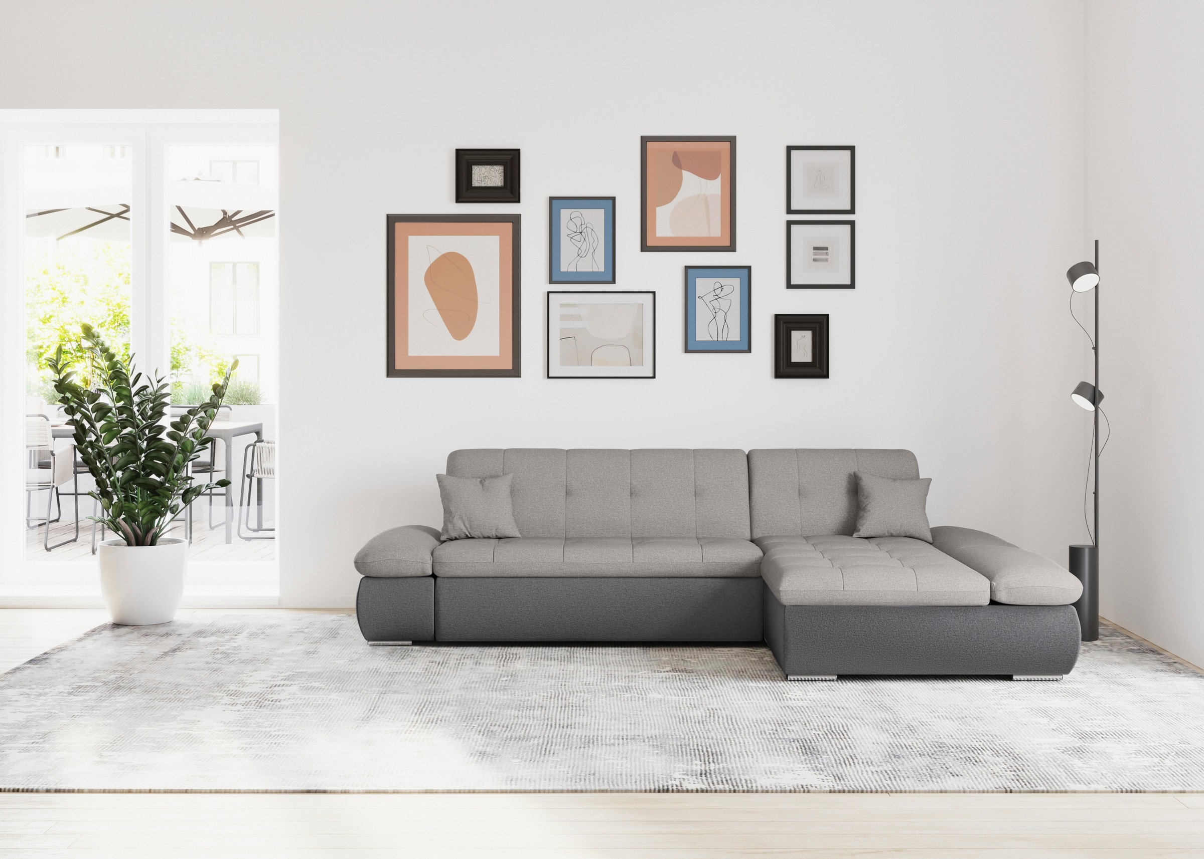 DOMO collection "Moric, L-Form, XXL-Sofa - Breite 300cm, viel Platz, auch in Cord" wahlweise mit Bettfunktion und Armteilverstellung, grau-silber