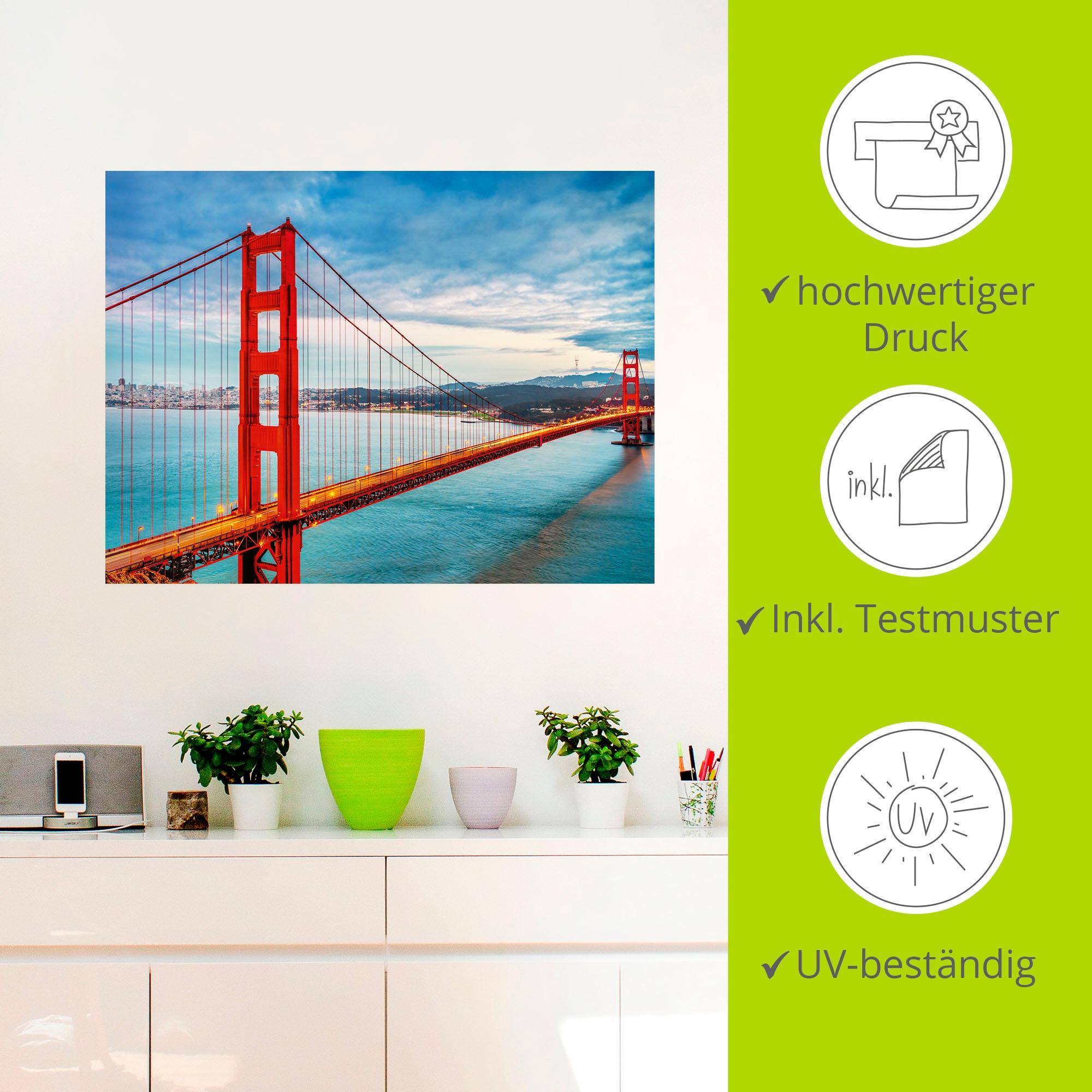 Artland Wandbild »Golden Gate Bridge«, Brücken, (1 St.), als Alubild, Outdoorbild, Leinwandbild, Poster, Wandaufkleber