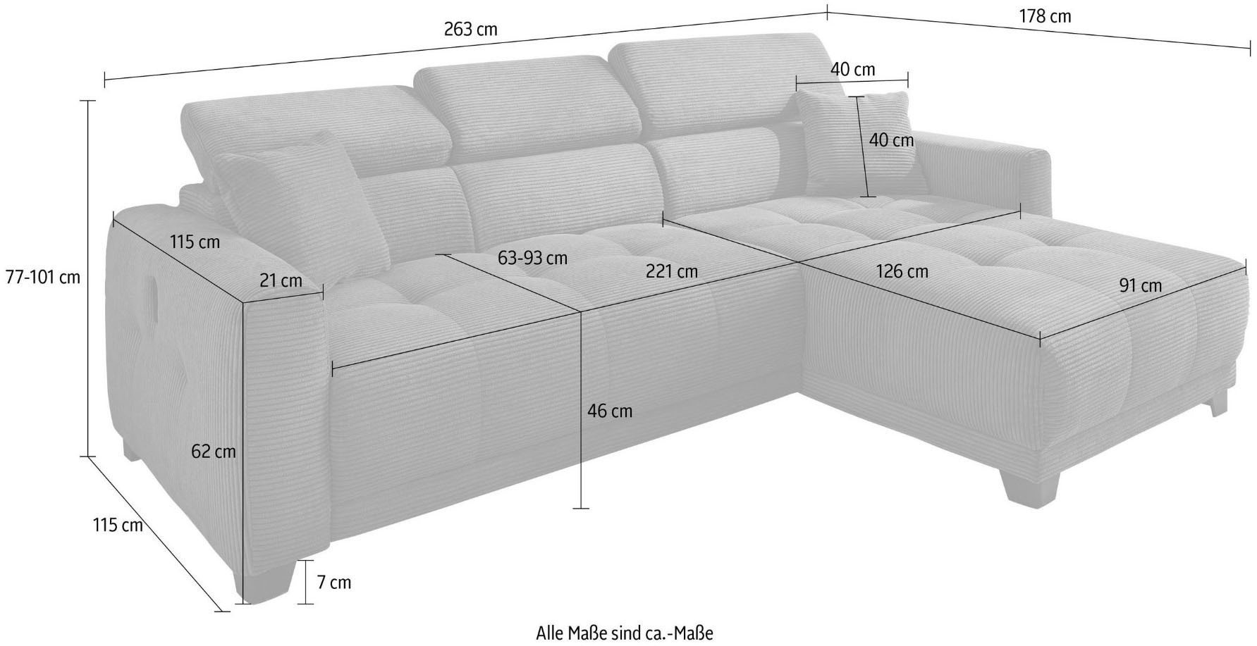 Jockenhöfer Gruppe Ecksofa »Cremona L-Form, B: 263 cm, mit 30 cm elektr. Sitztiefenverstellung« 140kg Belastbarkeit je Sitz, Kopfteilverstellung & USB-Anschluss