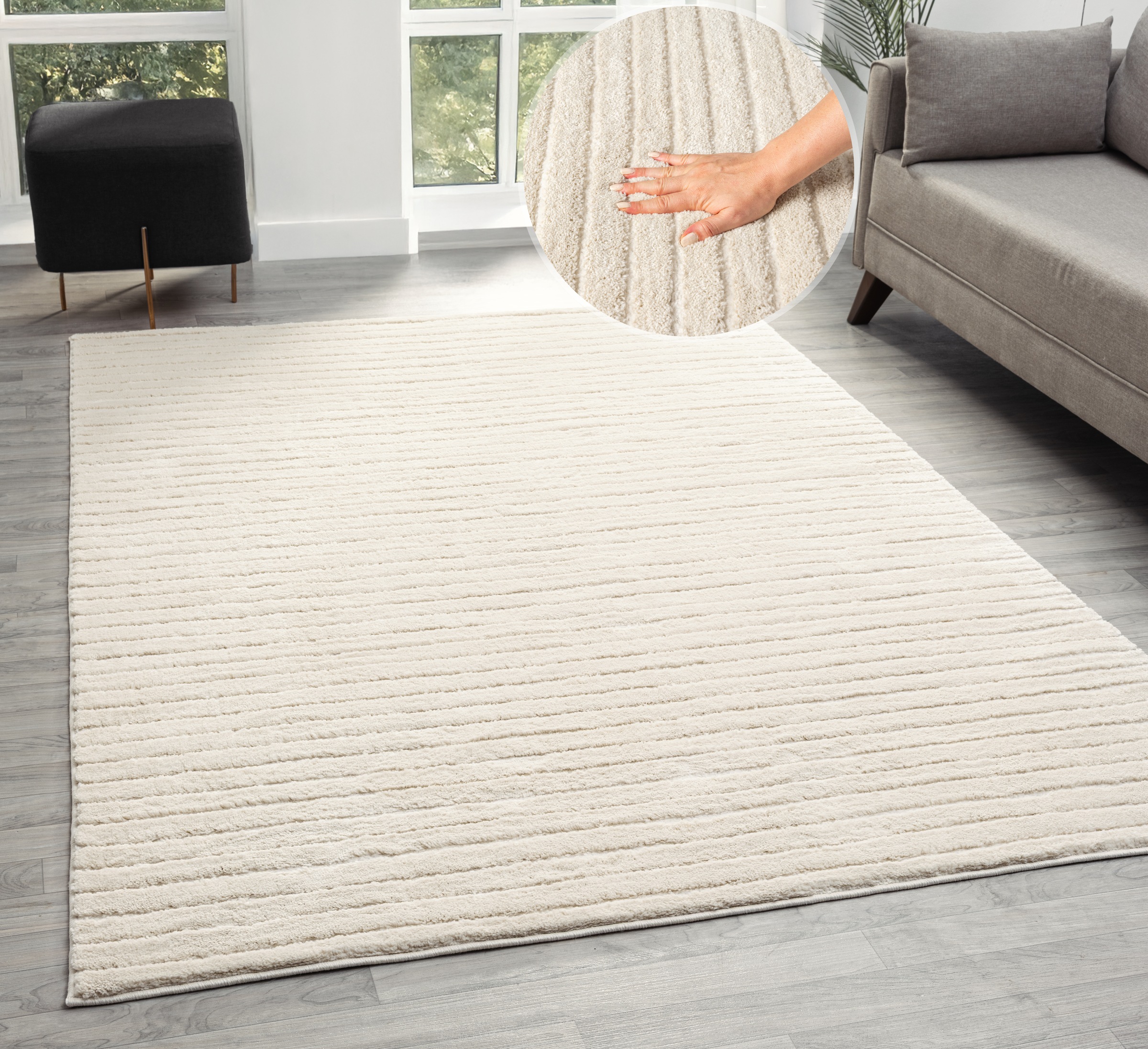 Teppich "Selma", beige (creme), B:60cm H:19mm L:90cm, Kunstfaser, LEGER HOME BY LENA GERCKE, Teppiche, Teppich, Hoch-Tief-Struktur, Streifen Design, weich, Wohnzimmer, Schlafzimmer