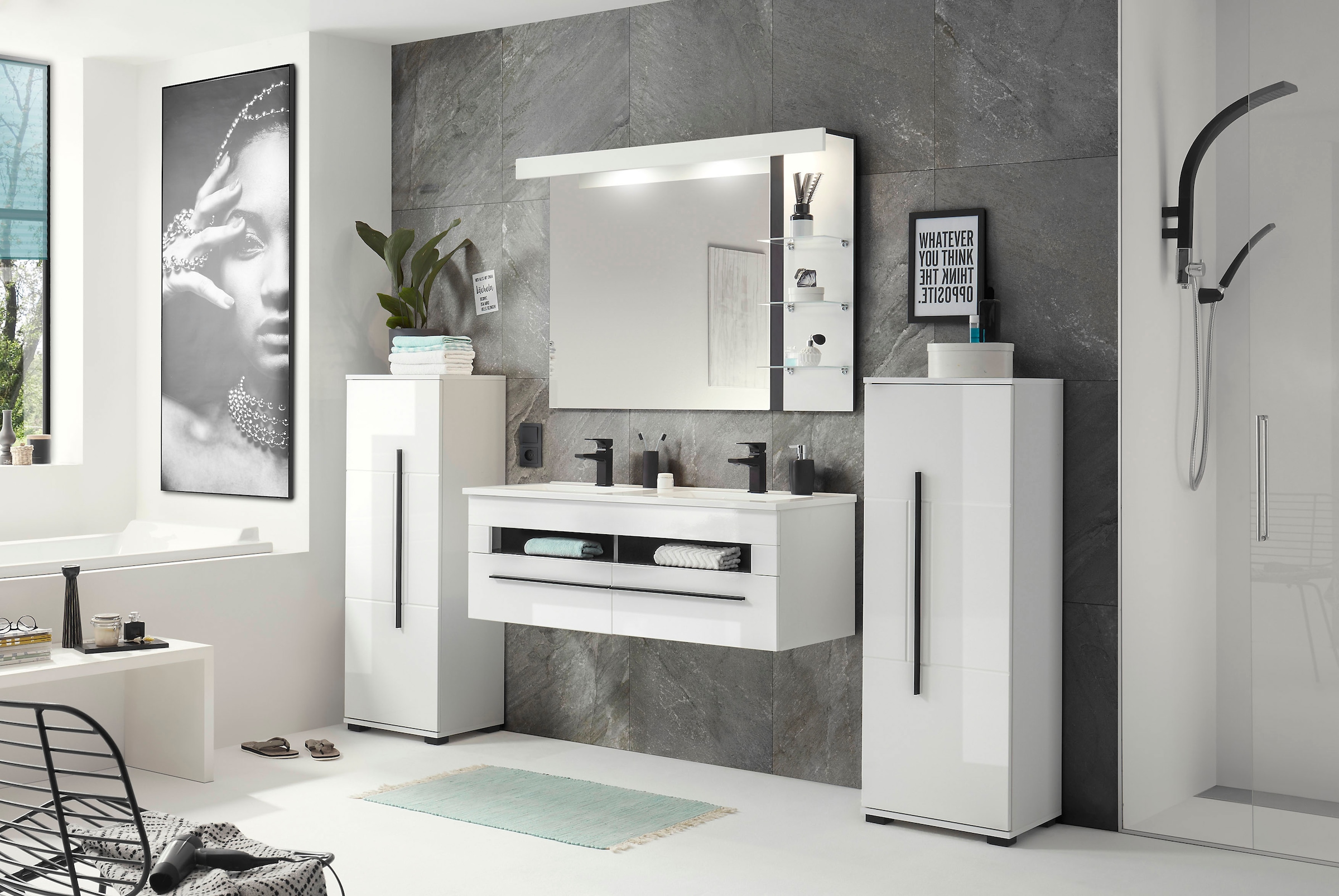 INOSIGN Midischrank »Cantara, Badschrank in Hochglanz Weiß, Schrank im modernen Design«, mit schwarzen Griffen, ausreichend Stauraum