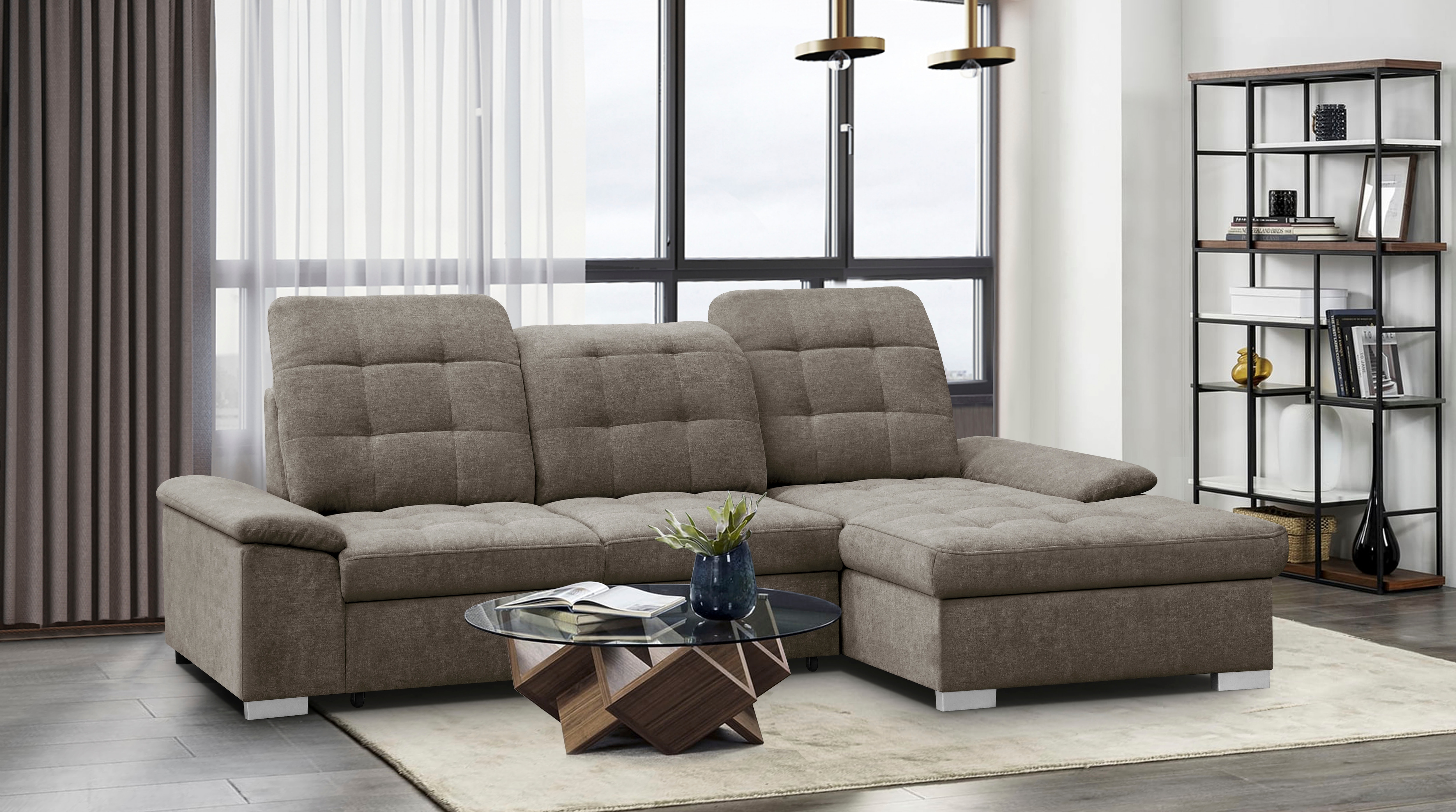 WERK2 Ecksofa "Carmen 264 cm breit L-Form Sofa Schlaffunktion Kopfstützen verstellbar" Schlafcouch mit Bettkasten, Eckcouch wahlw. mit Sitztiefenverstellung