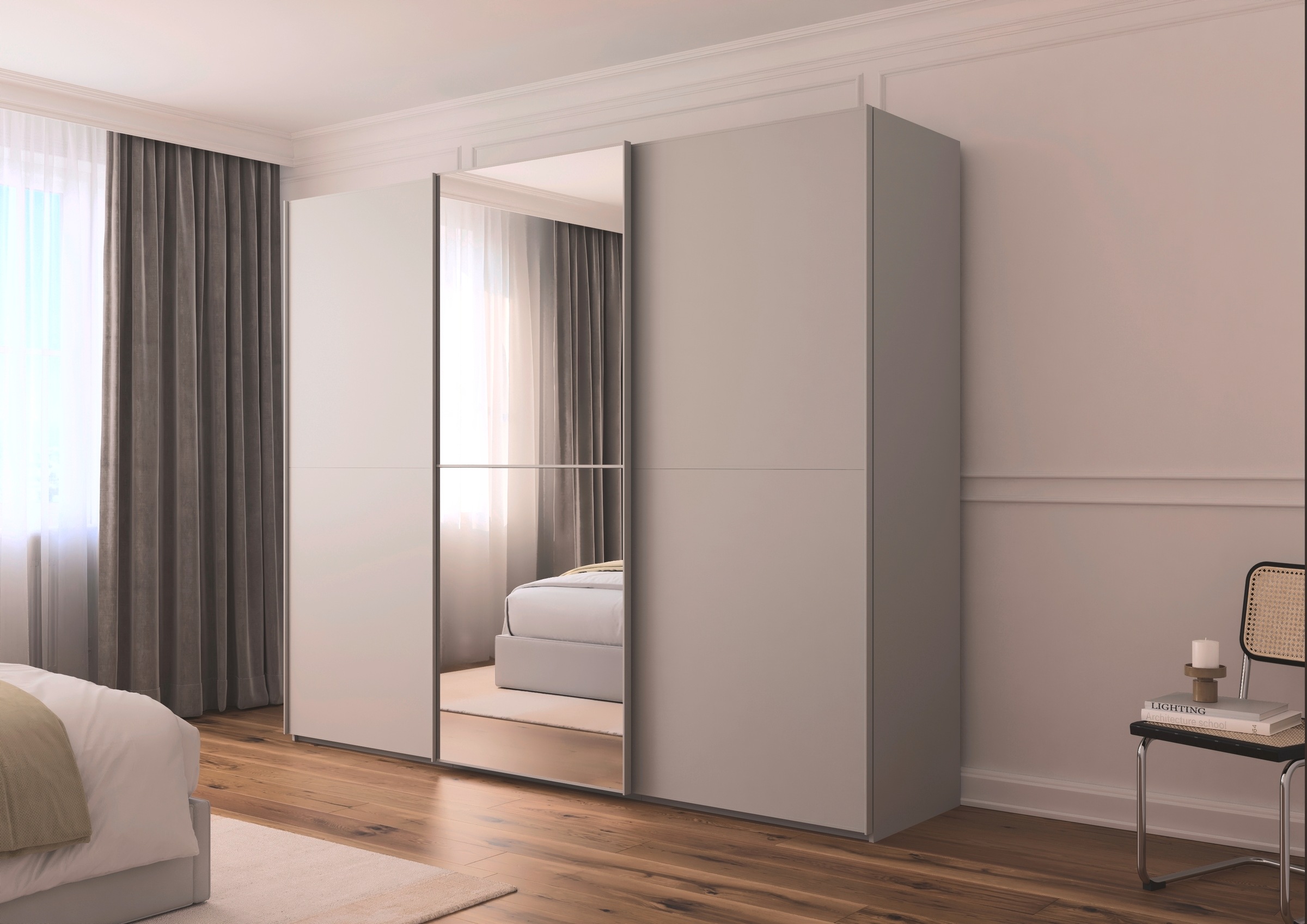 rauch Schwebetürenschrank »Kleiderschrank Schrank Garderobe Schlafzimmerschrank SCALE-DUO«, edle zweigeteilte Türen, Spiegel und 3 Zierleisten MADE IN GERMANY