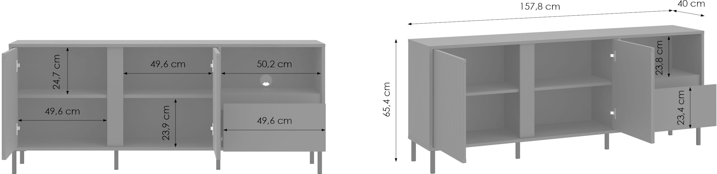 Home affaire Lowboard »AVENALE« Lowboard mit Metallfüßen, Breite 158 cm, Fronten geriffelt