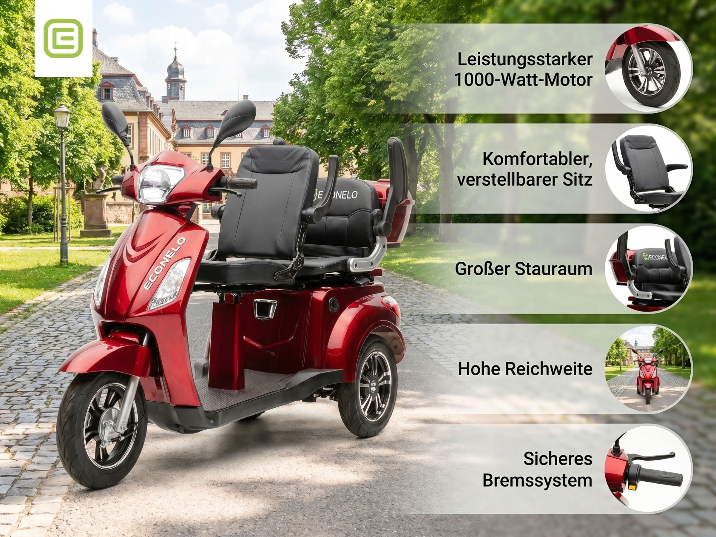 ECONELO Elektromobil 1.000 W 25 km/h Sicherheitsrollen gegen Kippen, 3 Geschwindigkeitsstufen
