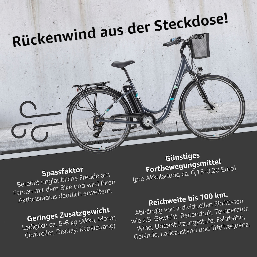 Telefunken E-Bike »Multitalent RC822«, 7 Gang, Shimano, Tourney, Frontmotor 250 W, (ca. 100 km Reichweite-2 V-Bremsen-Beleuchtung-Straßenzulassung), City Elektrofahrrad, Pedelec, Damen Herren, 28 Zoll, 36 V 374 Wh Akku