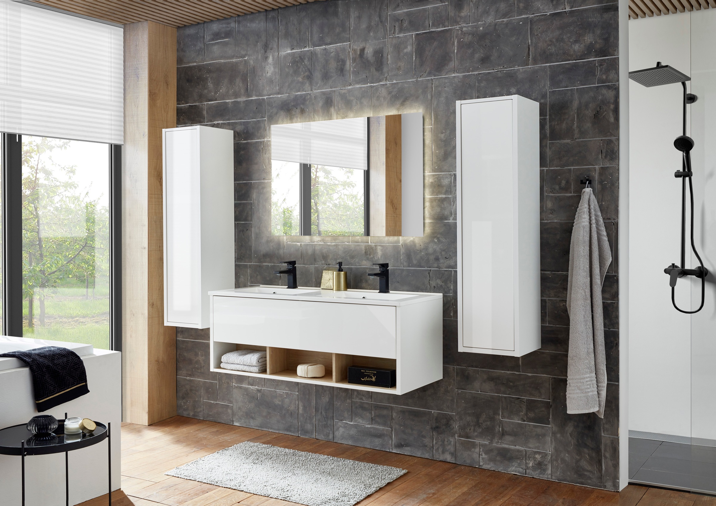 Places of Style Badmöbel-Set »Studio Line, Bad im modernen Design, 4-teiliges Badezimmer«, (4 St.), Schrank, Waschtisch und Spiegel, in zwei Farben verfügbar, Stauraum