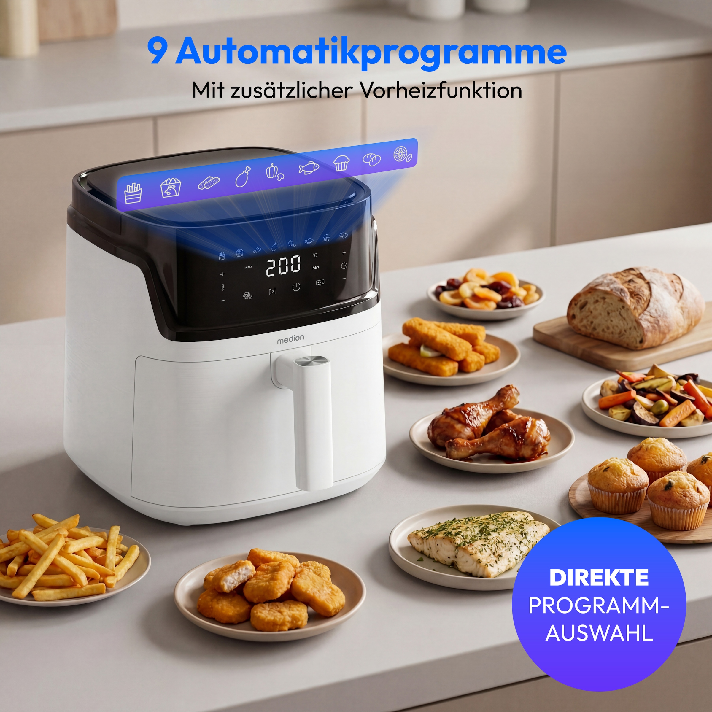 Medion® Heißluftfritteuse »MD 100056« 1650 W Großes 7,2 L Fassungsvermögen,PFAS‑frei