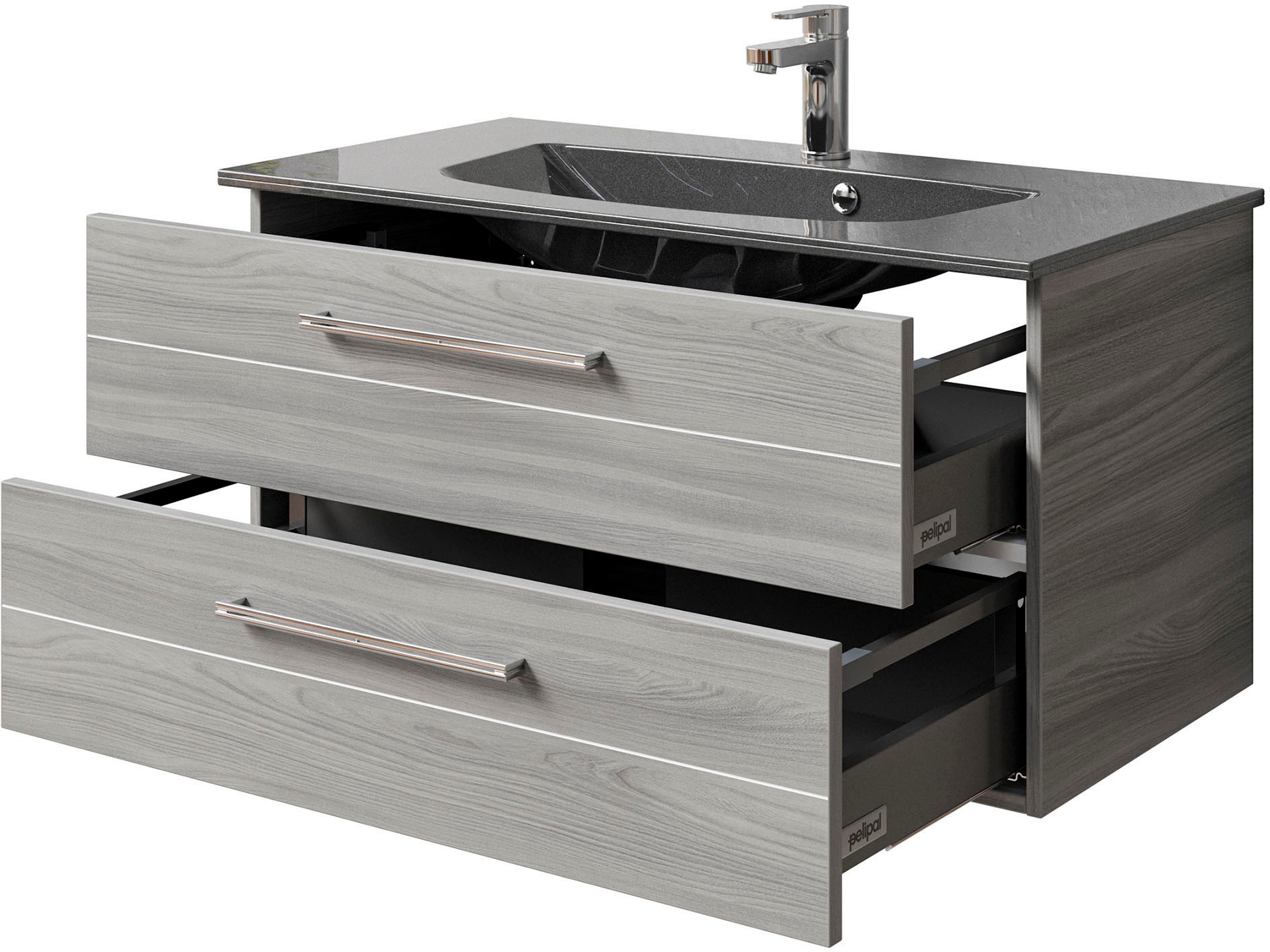 Saphir Badmöbel-Set »Serie 6025 2-teilig Mineralmarmor-Waschtisch mit LED-Spiegelschrank«, (2 St.), Waschplatz 97 cm breit, 2 Schubladen, 3 Spiegel-Türen, inkl Türdämpfer