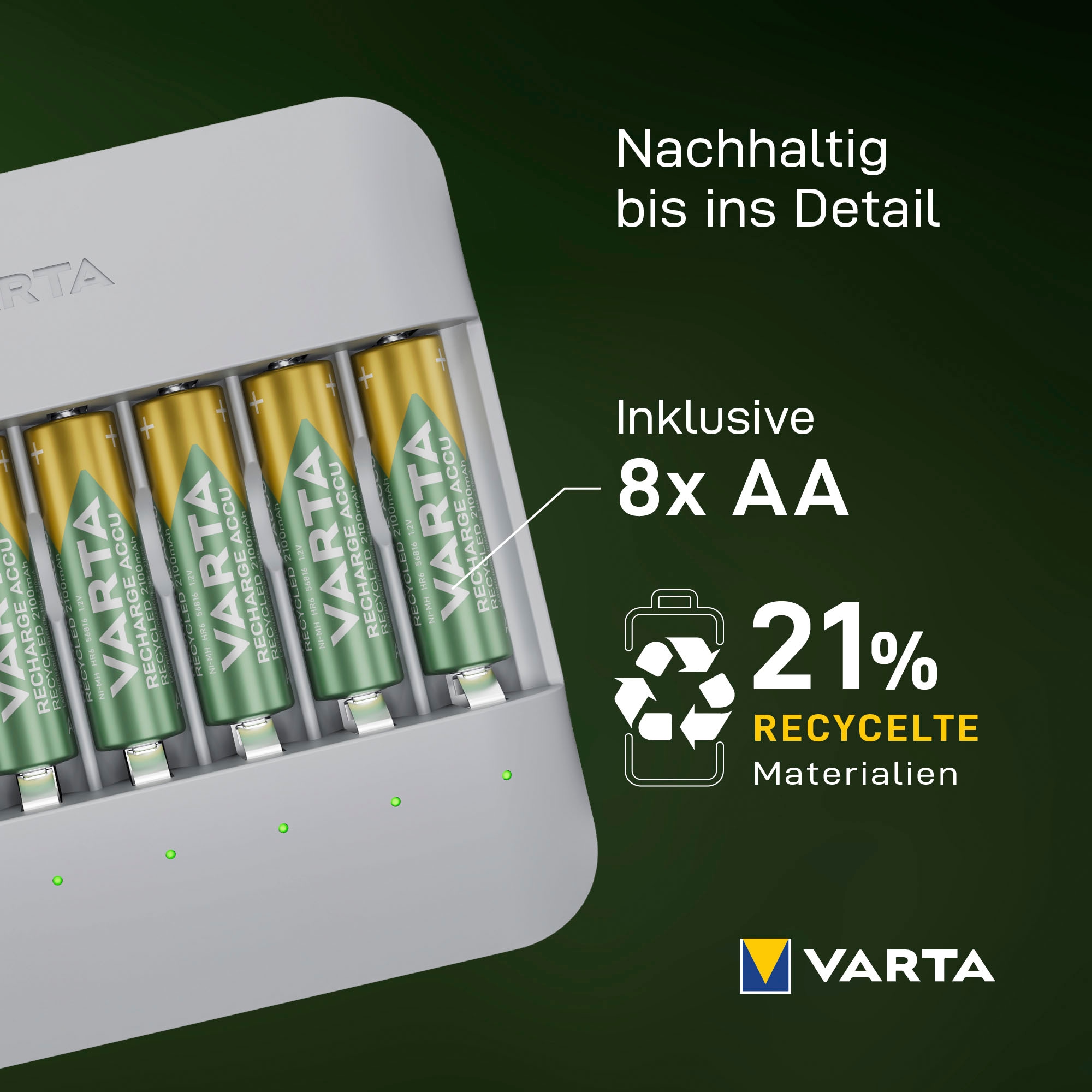 VARTA Batterie-Ladegerät »Eco Charger Multi Recycled + 8x AA 2100 mAh«, 2000 mA, (Packung)
