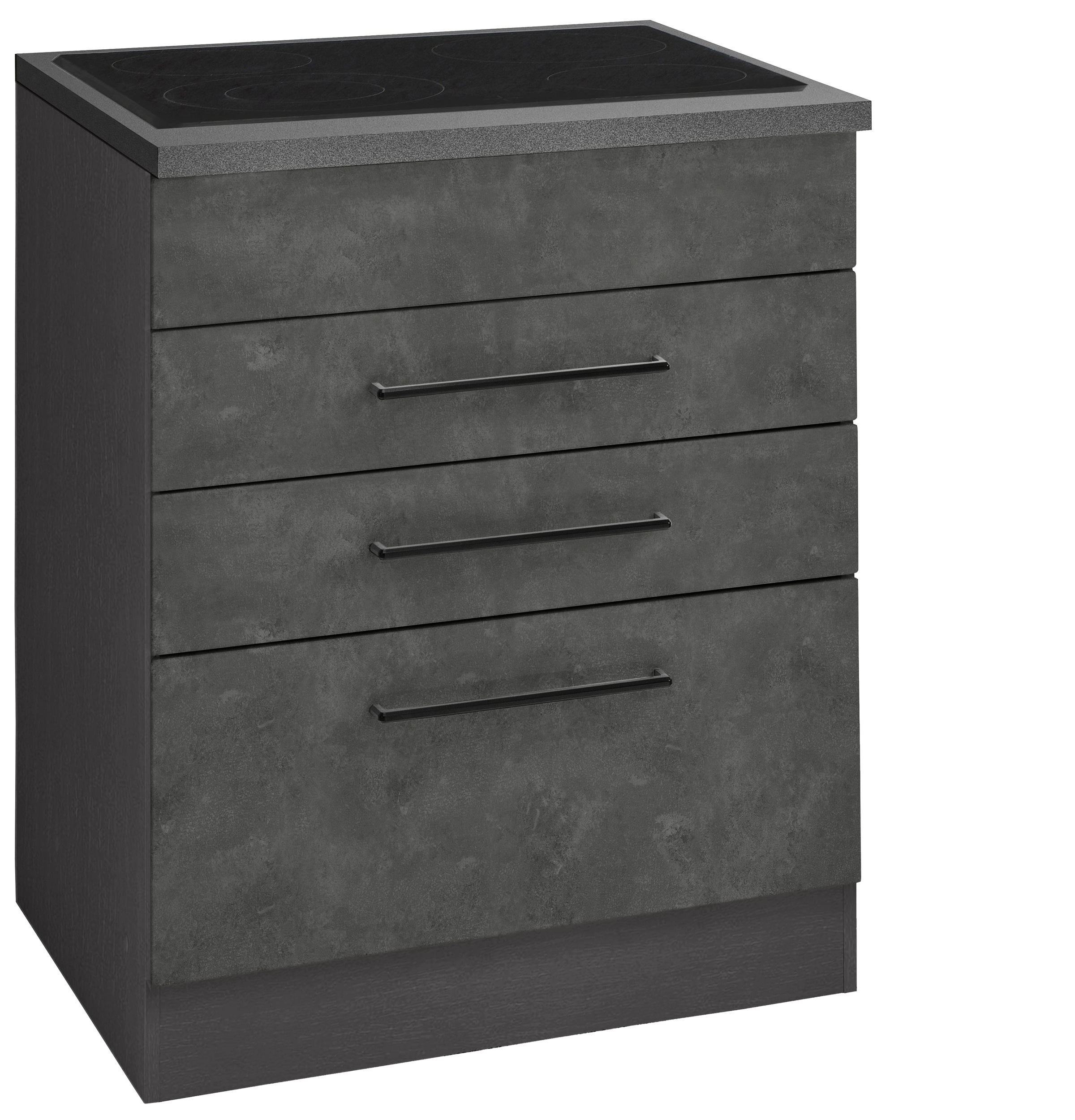 KOCHSTATION "KS-Tulsa" 60 cm breit, 2 Schubladen, 1 großer Auszug, schwarzer Metallgriff