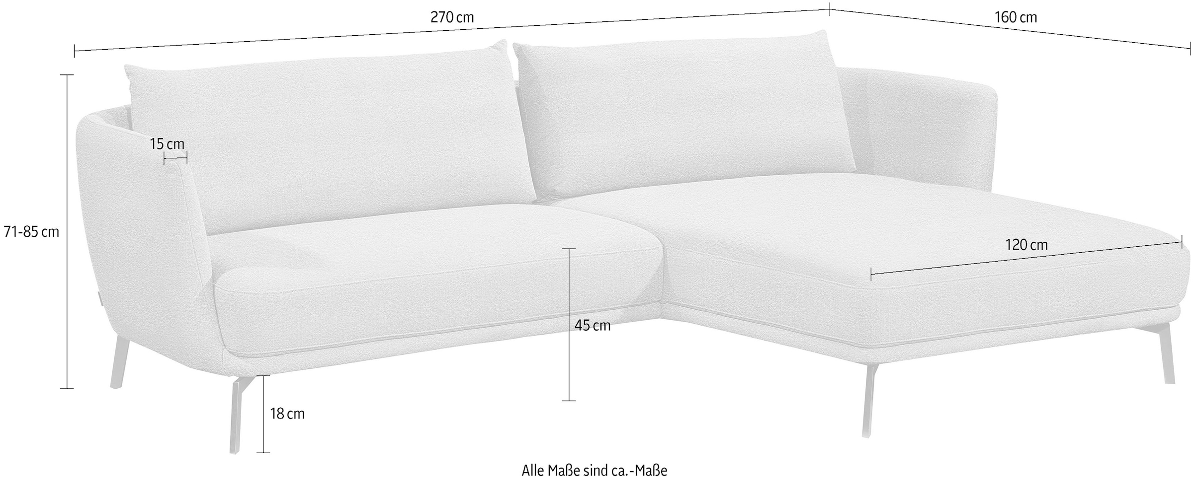 SCHÖNER WOHNEN-Kollektion Ecksofa »Pearl - 5 Jahre Hersteller-Garantie, auch in Bouclé L-Form«, Maße (B/H/T): 270/71/160 cm, Füße aus Massivholz