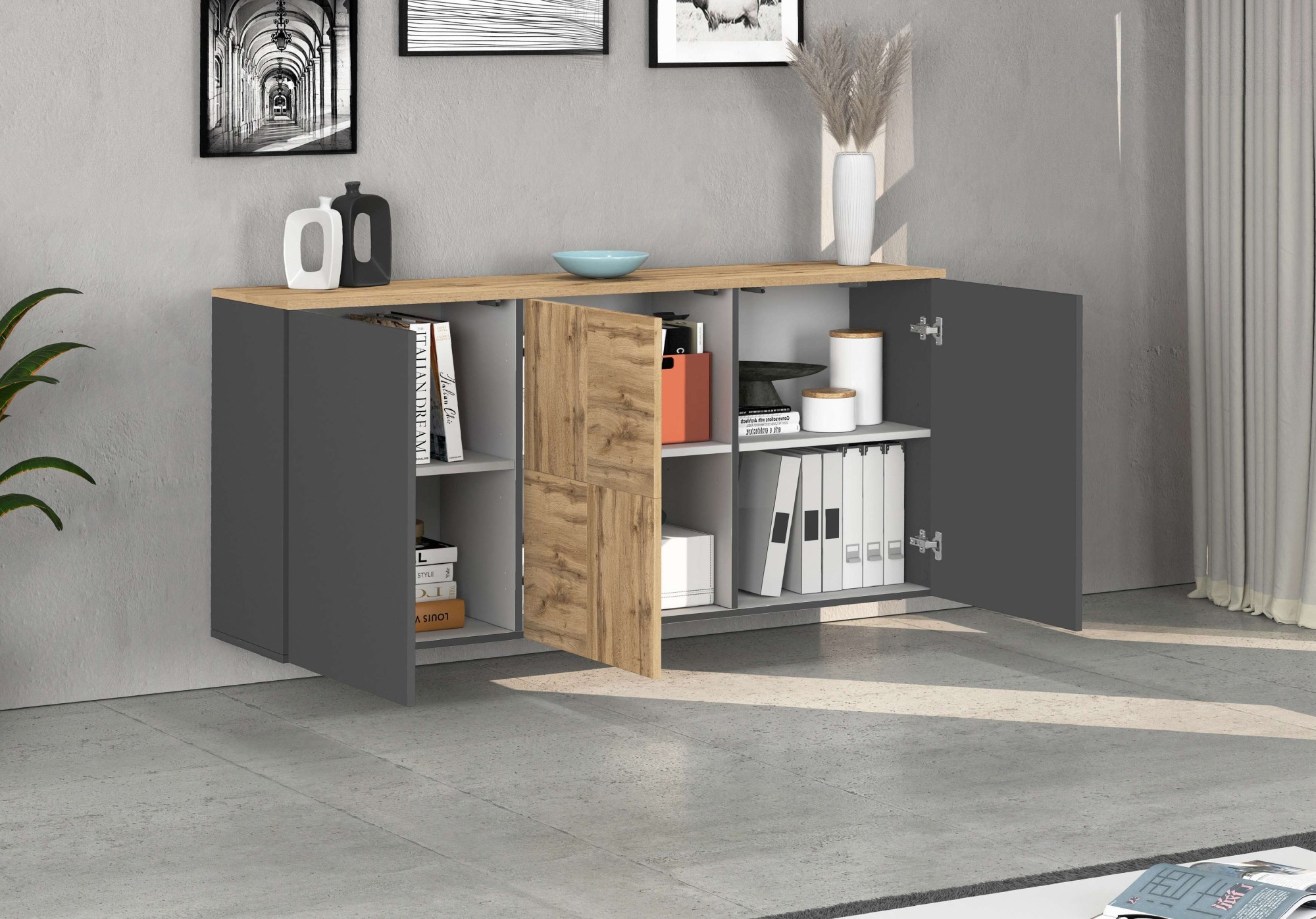 INOSIGN Sideboard »Sideboard ISEO, Kommode, Schrank, Kredenz« 1 Stk. tlg. stehend/hängend, 3 Türen, 6 Fächer, Breite 150 cm