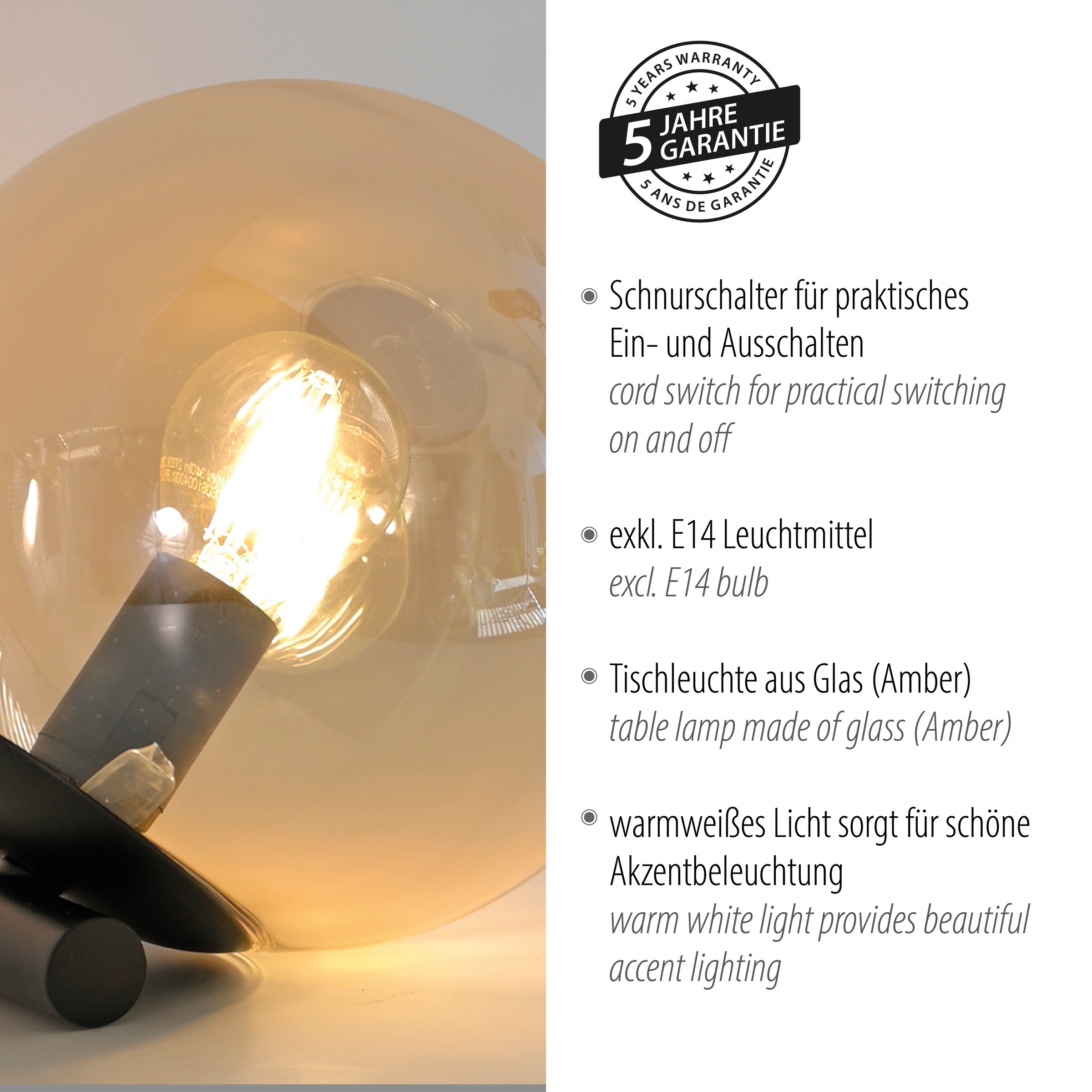 my home Tischleuchte »Nymölla«, 1 flammig, Leuchtmittel E14 | ohne Leuchtmittel, Tischleuchte mit großer Glaskugel, amberfarben oder opal matt weiß