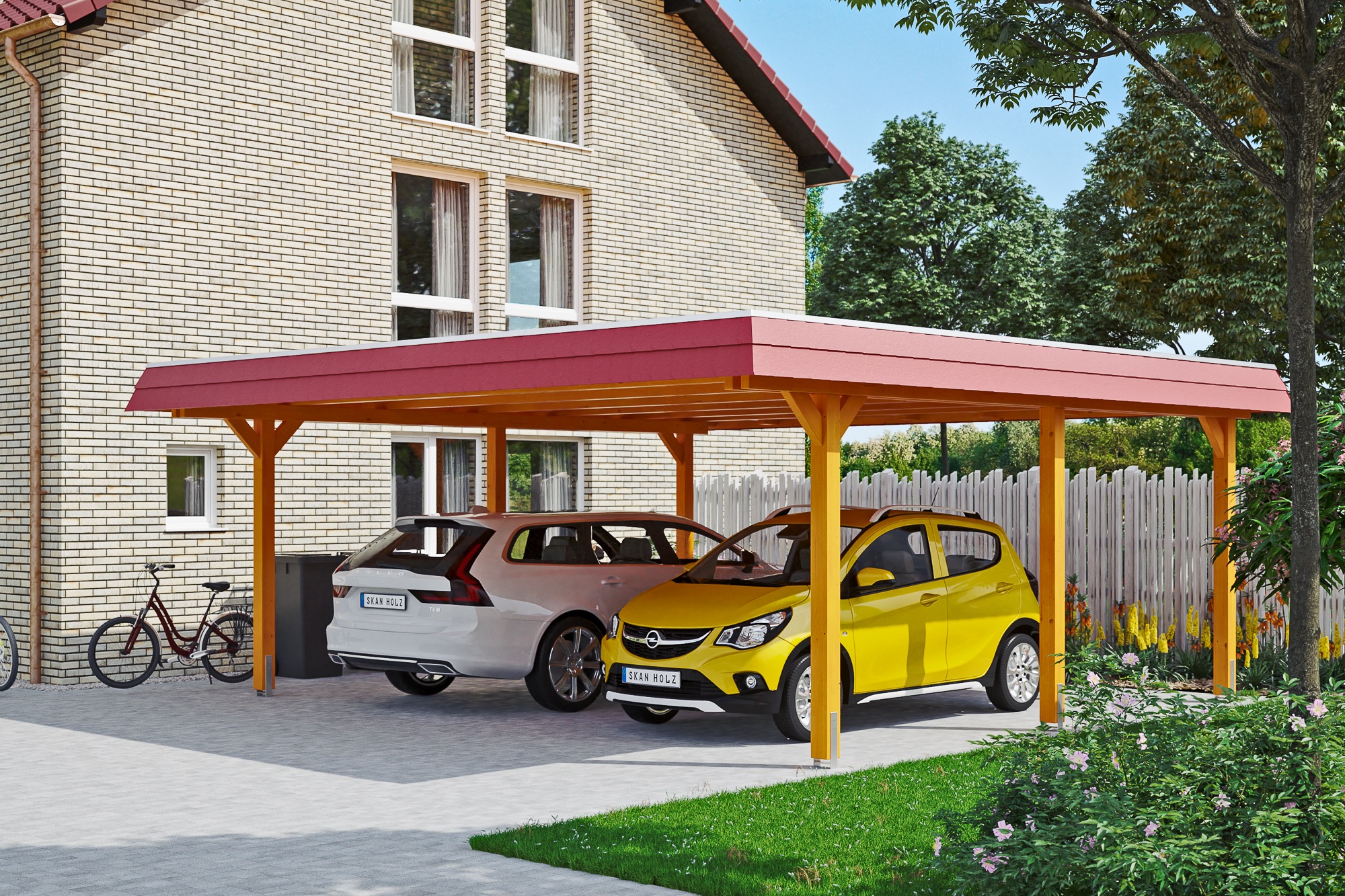 Skanholz Doppelcarport »Wendland«, 550 cm, Eiche hell, mit EPDM-Dach, rote Blende