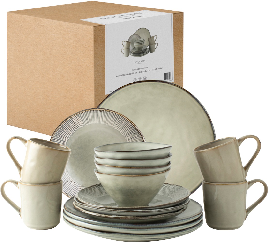 DUTCH ROSE AMSTERDAM Kombiservice »Geschirr-Set, Service Dutch Rose Amsterdam Organic«, (Set, 16 tlg., Geschirrset), handgefertigt, 16 Teile, für 4 Personen